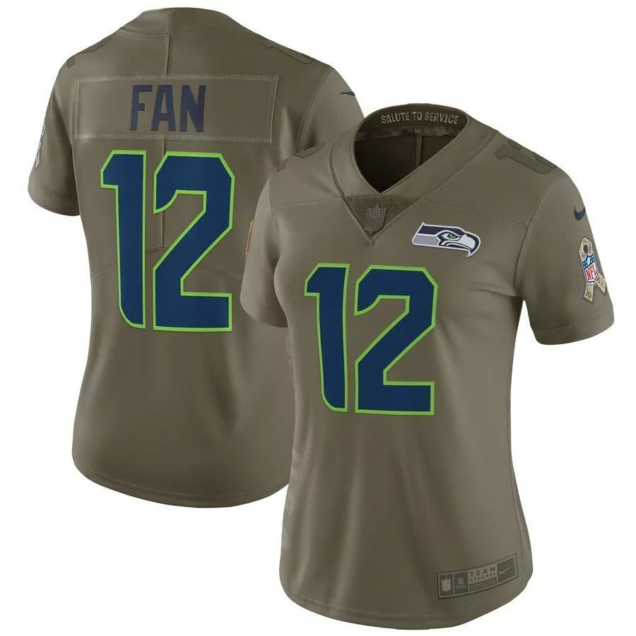 Seattle Seahawks 12 Jersey Olive Green Salute To Service Women Navy Blue Lime Limited