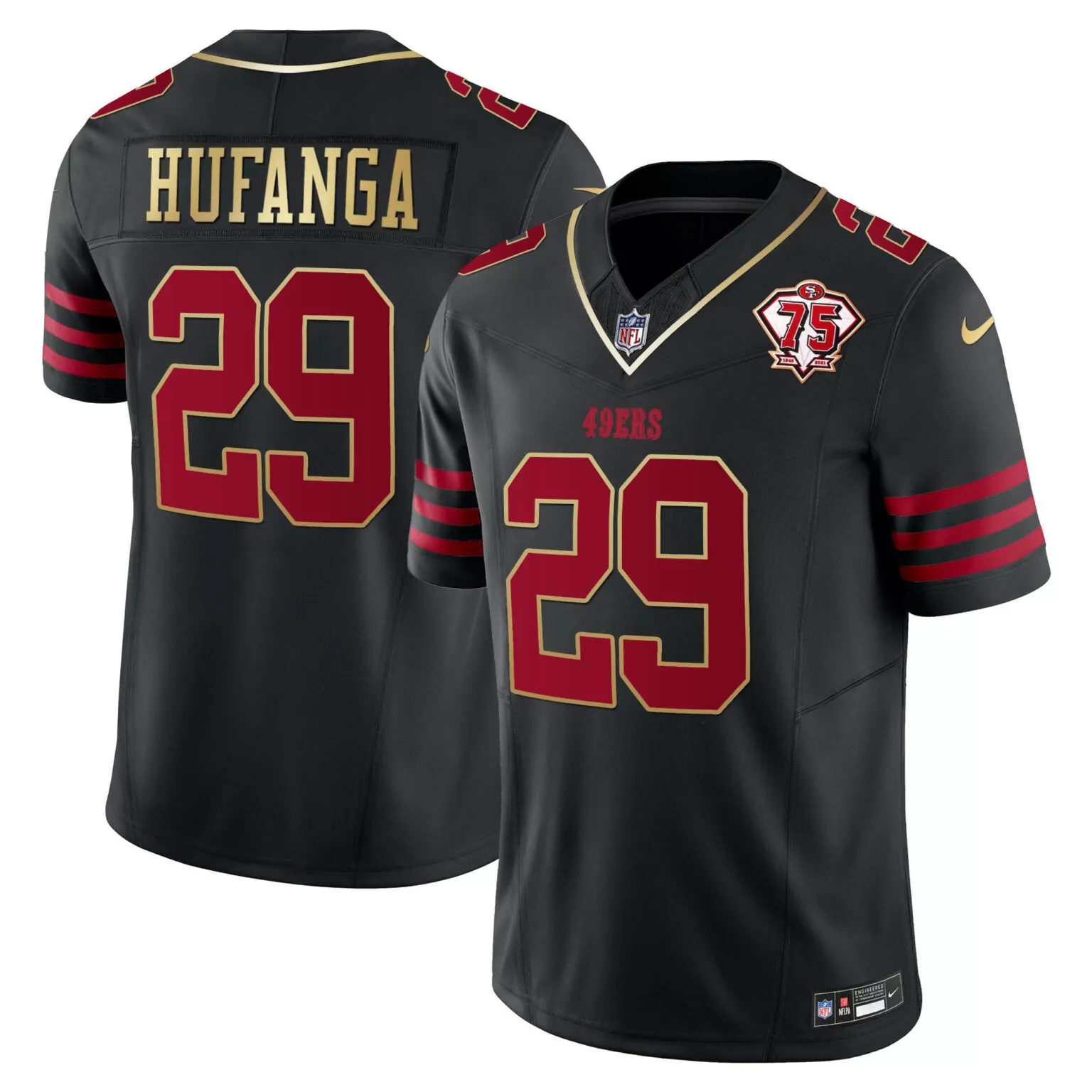 Talanoa Hufanga 29 49ERS Jersey Black 75th Anniversary Men Player Red Gold Vapor