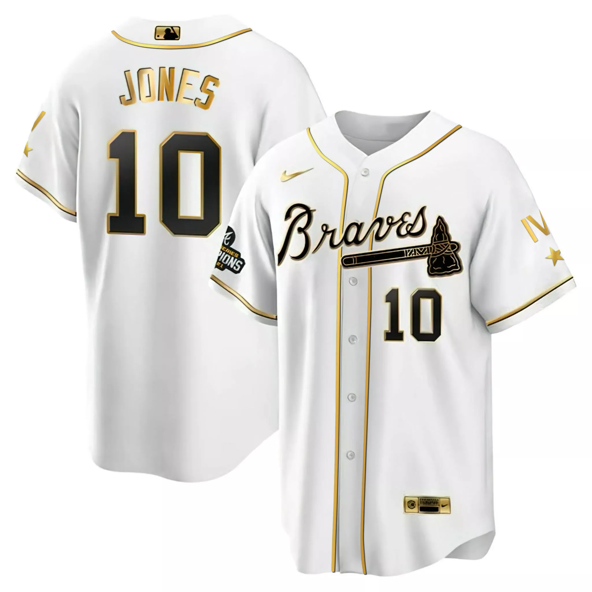 Chipper Jones 10 Braves Jersey White World Series Champions 2021 Men Black Gold Collection