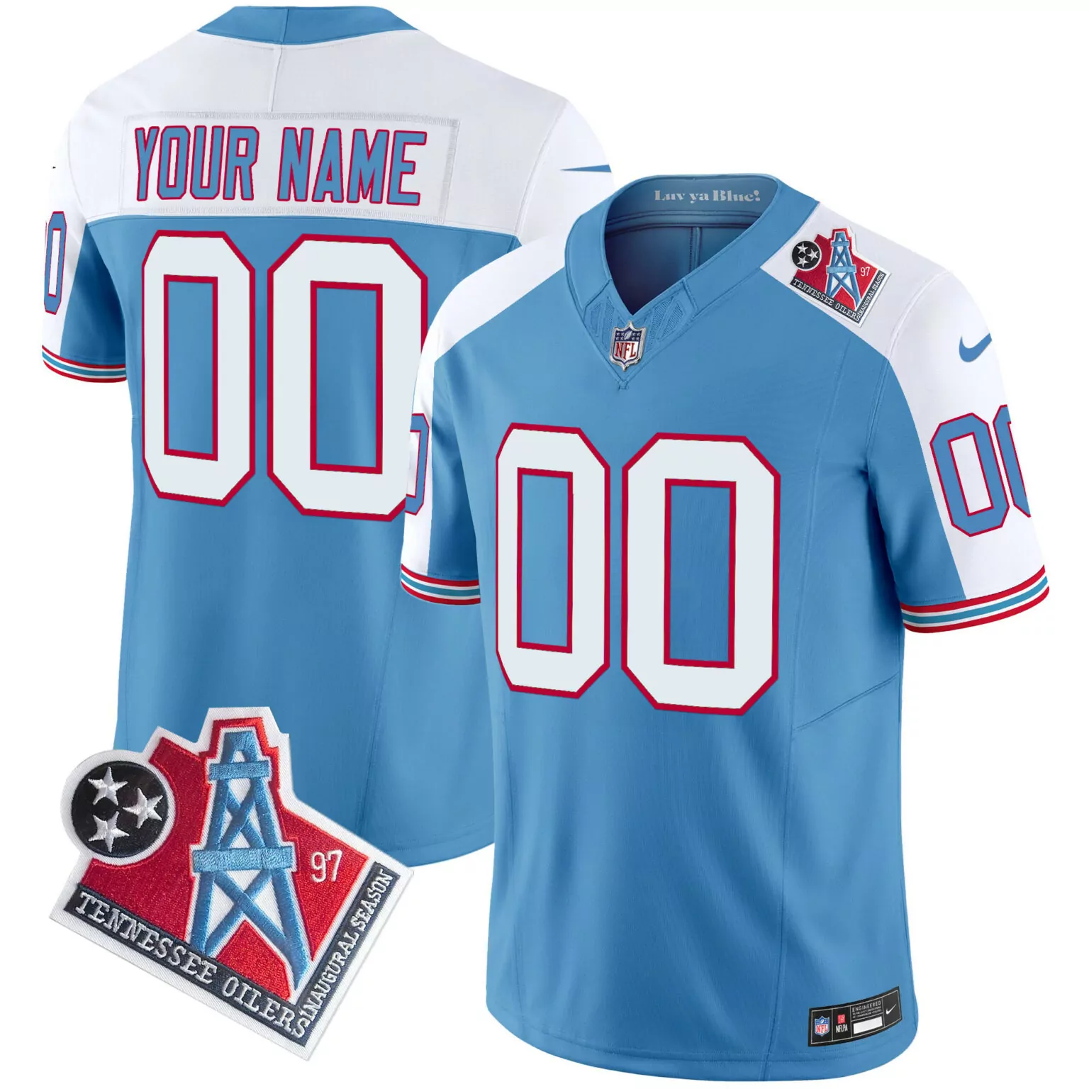 Custom Tennessee Oilers Jersey Light Blue Inaugural Season Three Stars Throwback