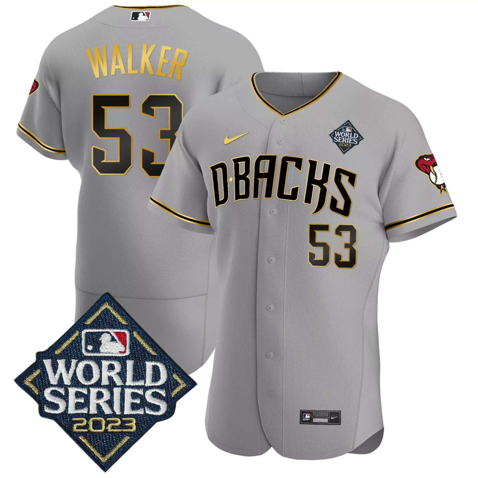 Christian Walker 53 D-backs Jersey Gray World Series 2023 Men Gold Black v2 All Stitched