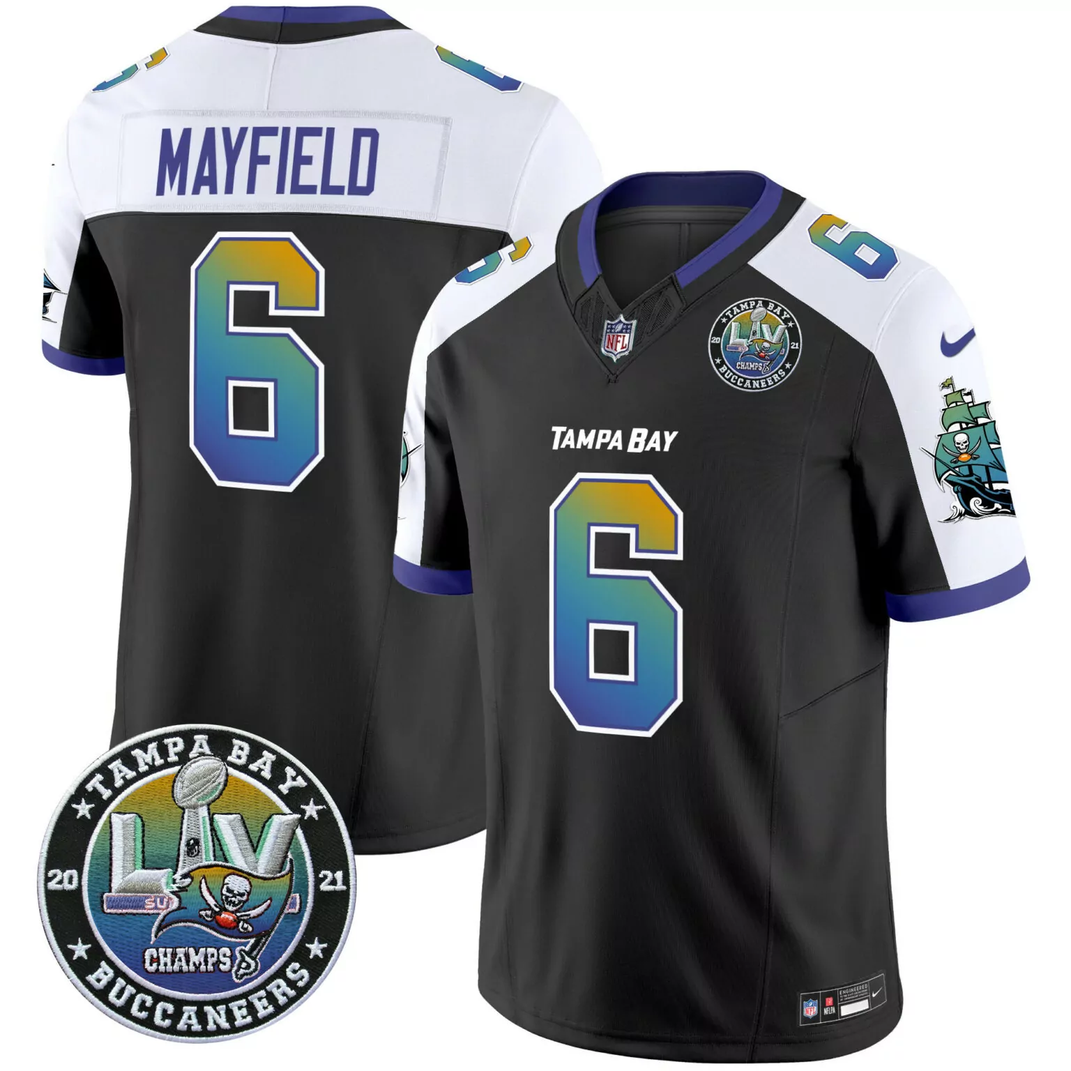 Baker Mayfield 6 Jersey Black Super Bowl Lv Champions Tampa Bay Buccaneers Men Split Design