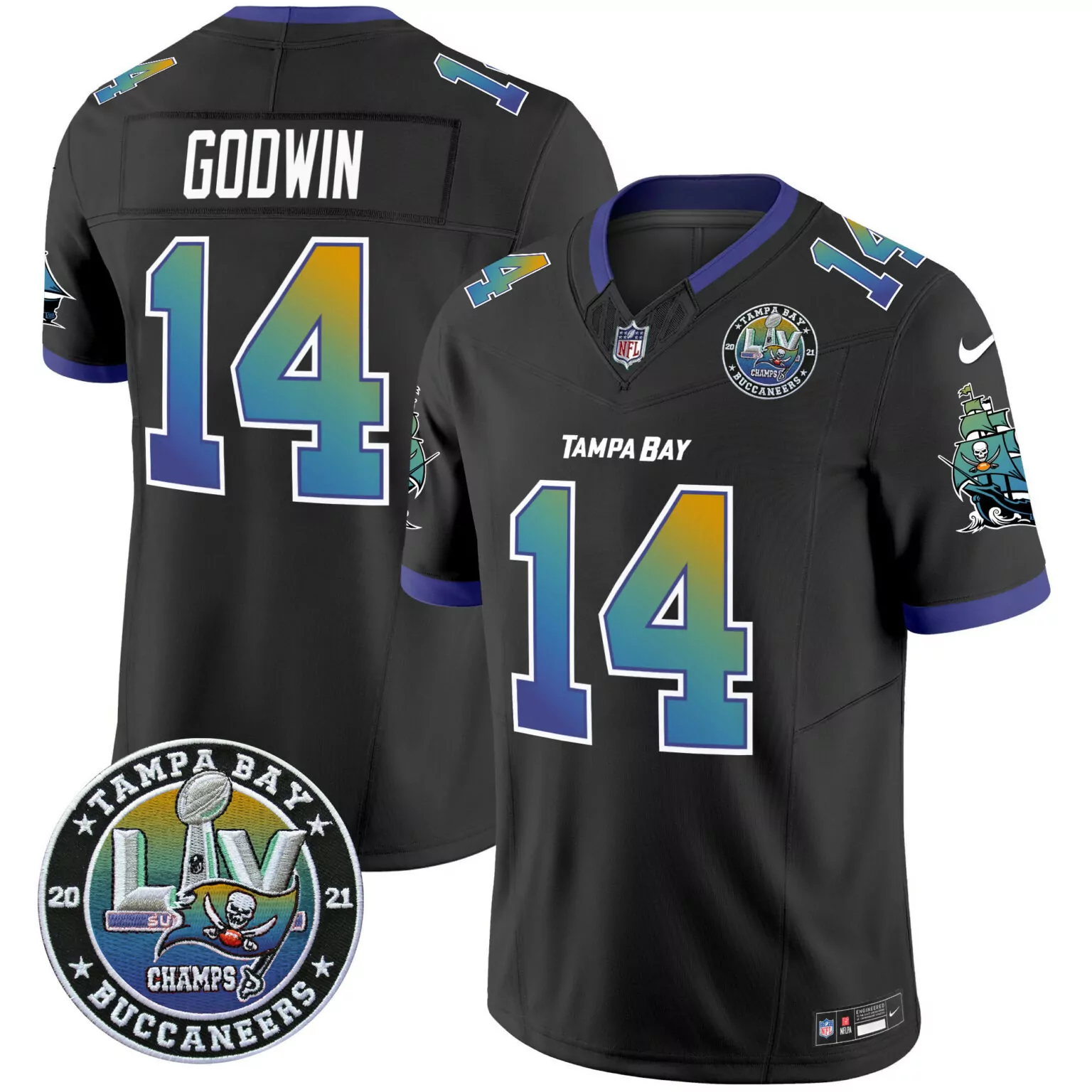Chris Godwin 14 Jersey Black Super Bowl Lv Champions Tampa Bay Buccaneers Men Split Design