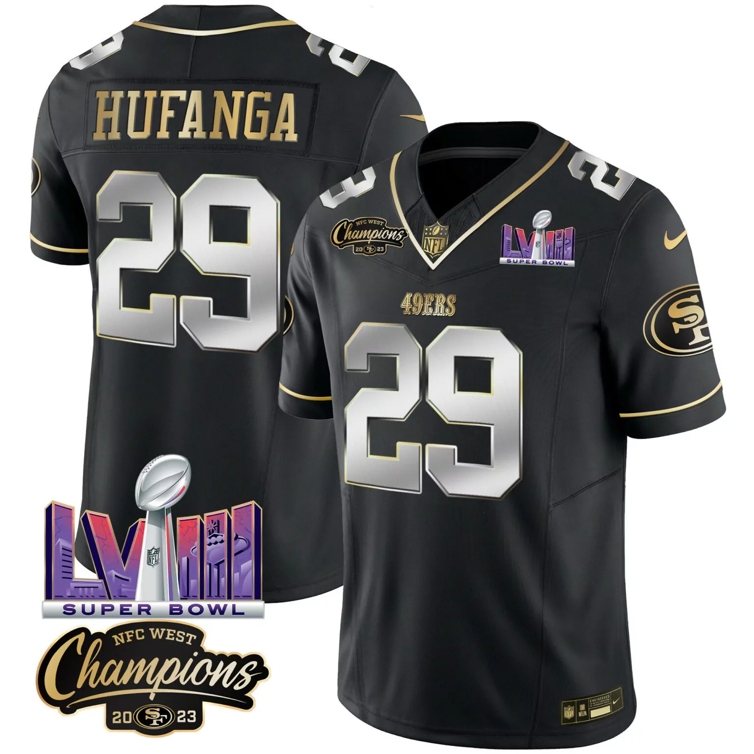 Talanoa Hufanga 29 49ERS Jersey Black Super Bowl Lviii NFC West Champions Men Replica