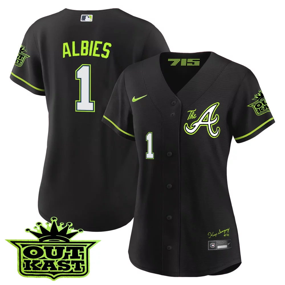Albies 1 Atlanta Braves Jersey Black Outkast 2023 Men Inverted Split Design Neon Green