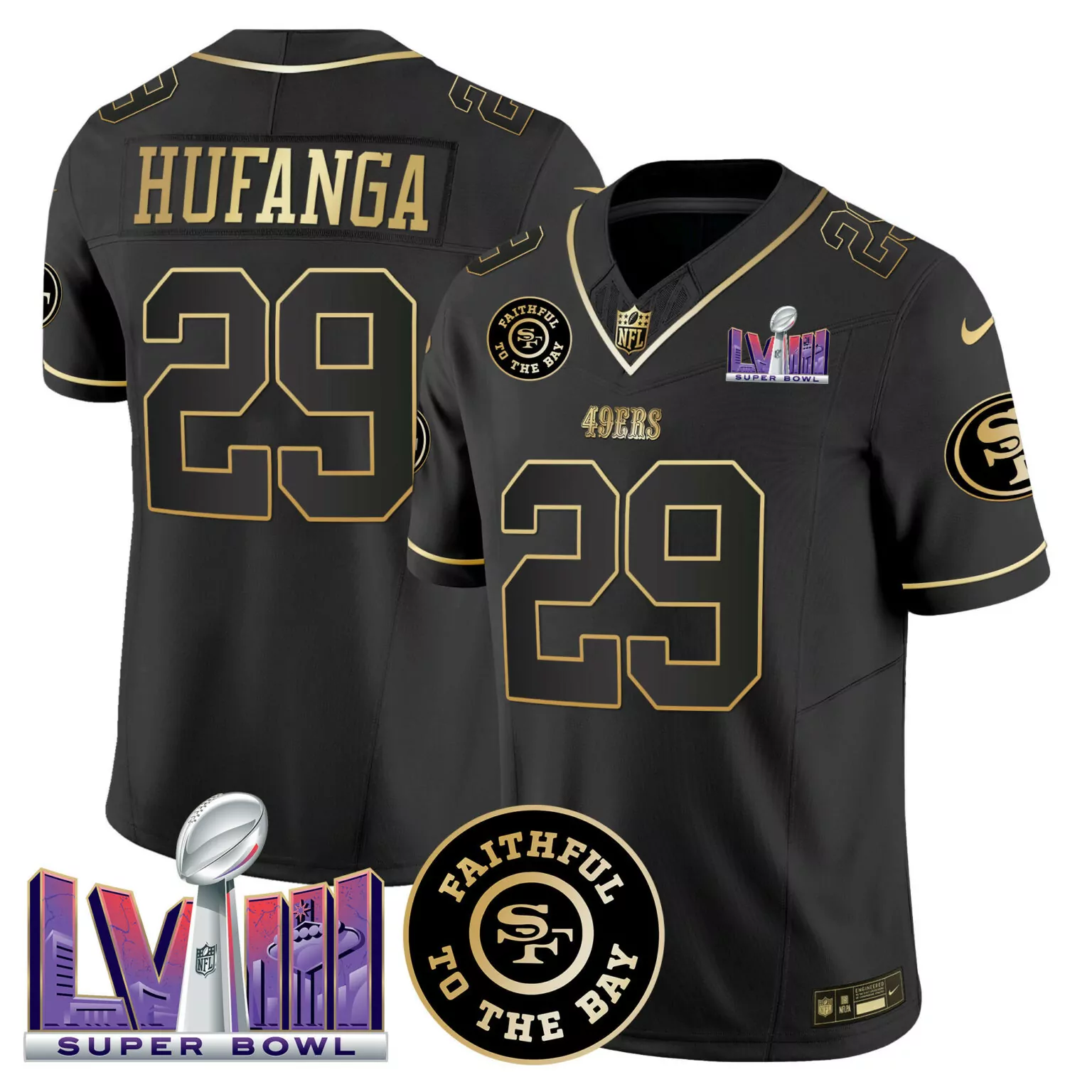 Talanoa Hufanga 29 49ERS Jersey Black Super Bowl Lviii Men Replica Gold v2 All Stitched