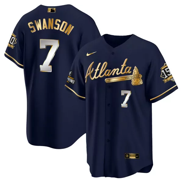 Dansby Swanson 7 Atlanta Braves Jersey Navy World Series Champions 2021 Men Gold