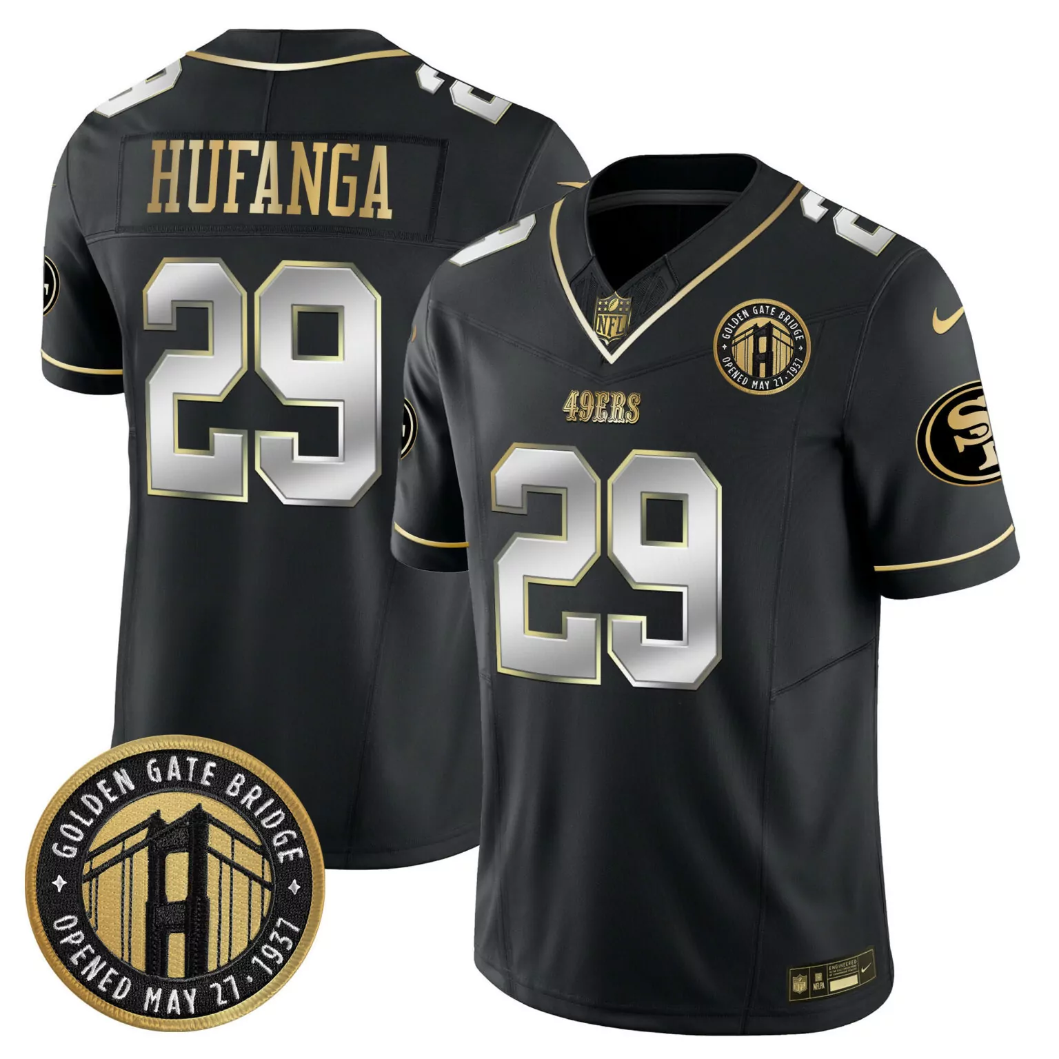 Talanoa Hufanga 29 49ERS Jersey Black Golden Gate Bridge Men Replica Gold Silver
