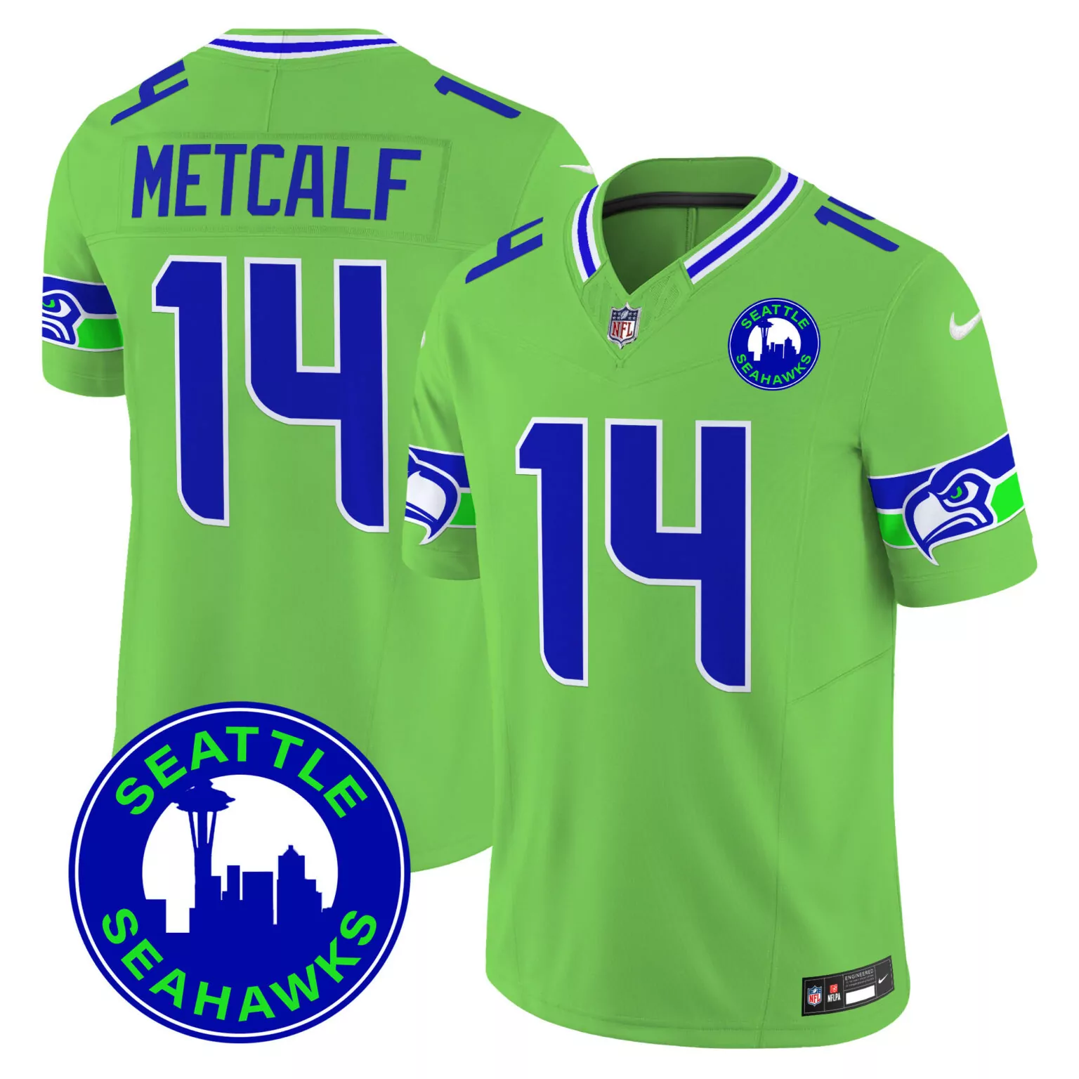 Dk Metcalf 14 Seattle Seahawks Jersey Lime Green Nflpa Men Player Alternate Royal Blue