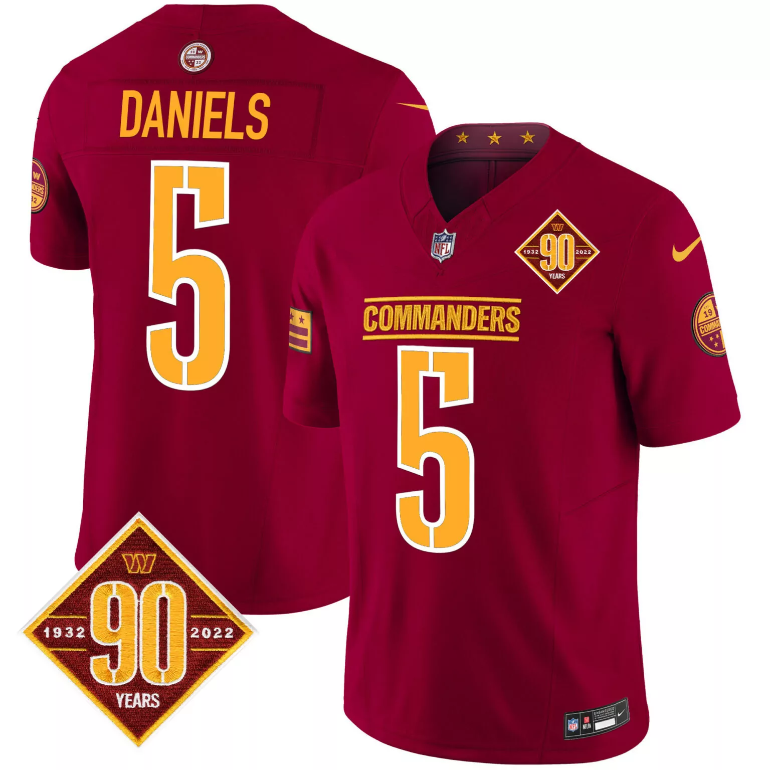 Jayden Daniels 5 Commanders Jersey Maroon 90th Anniversary 90 Years 1932-2022 Men