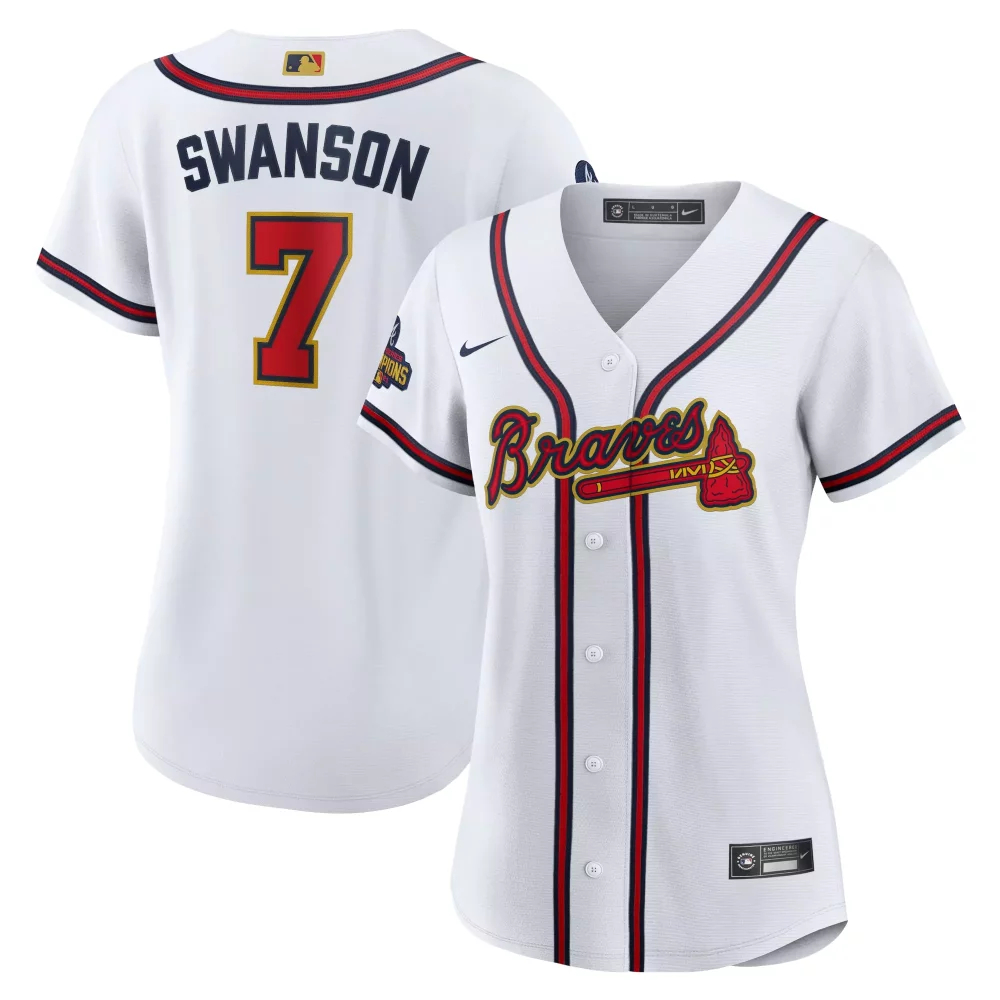 Dansby Swanson 7 Braves Jersey White 2021 World Series Champions Women Red Navy Replica