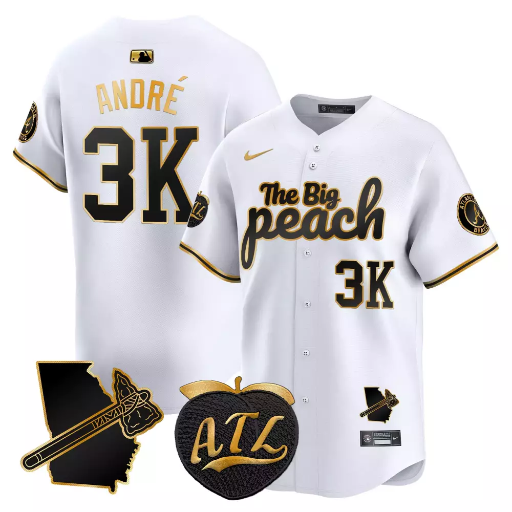André Atlanta Braves Jersey White The Big Peach Georgia Outline Tomahawk Men Gold