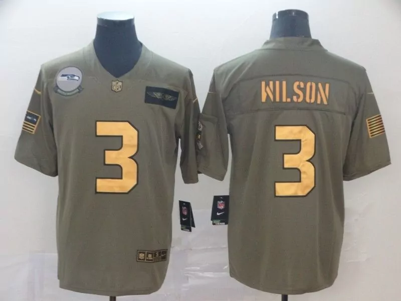 Russell Wilson 3 Seattle Seahawks Jersey Olive Green Salute To Service Us Flag Wings