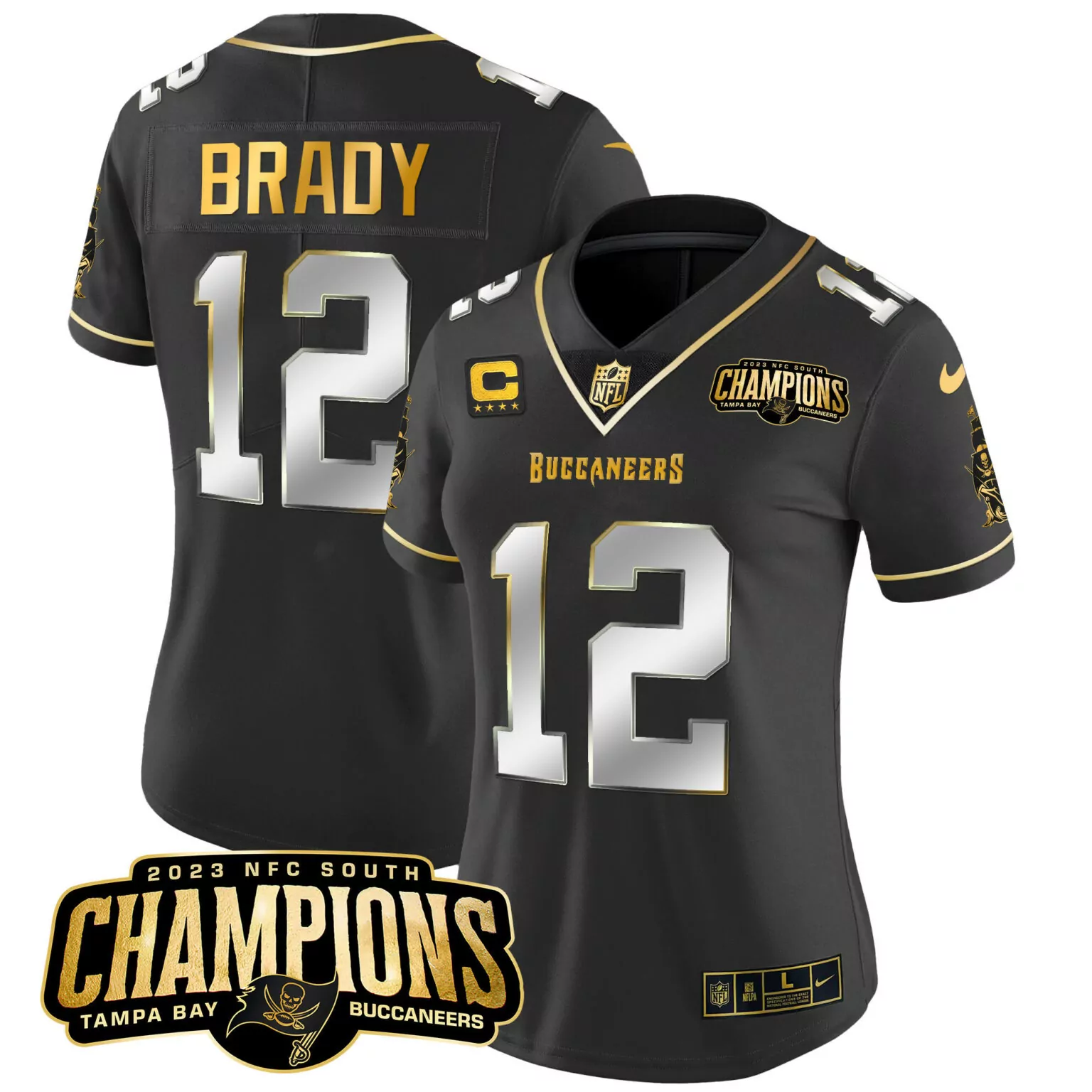 Tom Brady 12 Buccaneers Jersey Black NFC South Champions 2023 Women Player Gold Silver