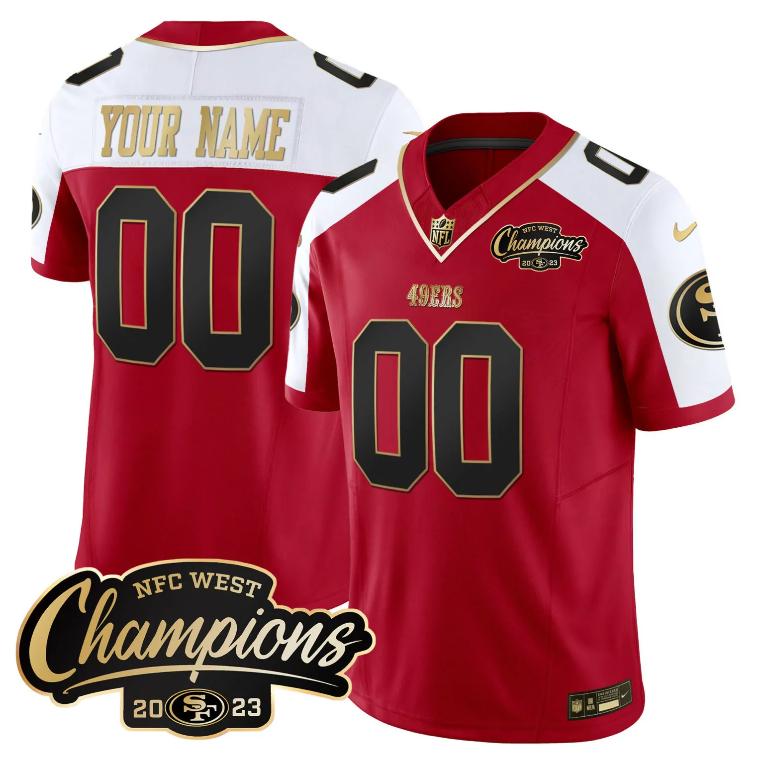 Custom San Francisco 49ers Jersey Red NFC West Champions 2023 Men White Gold Black
