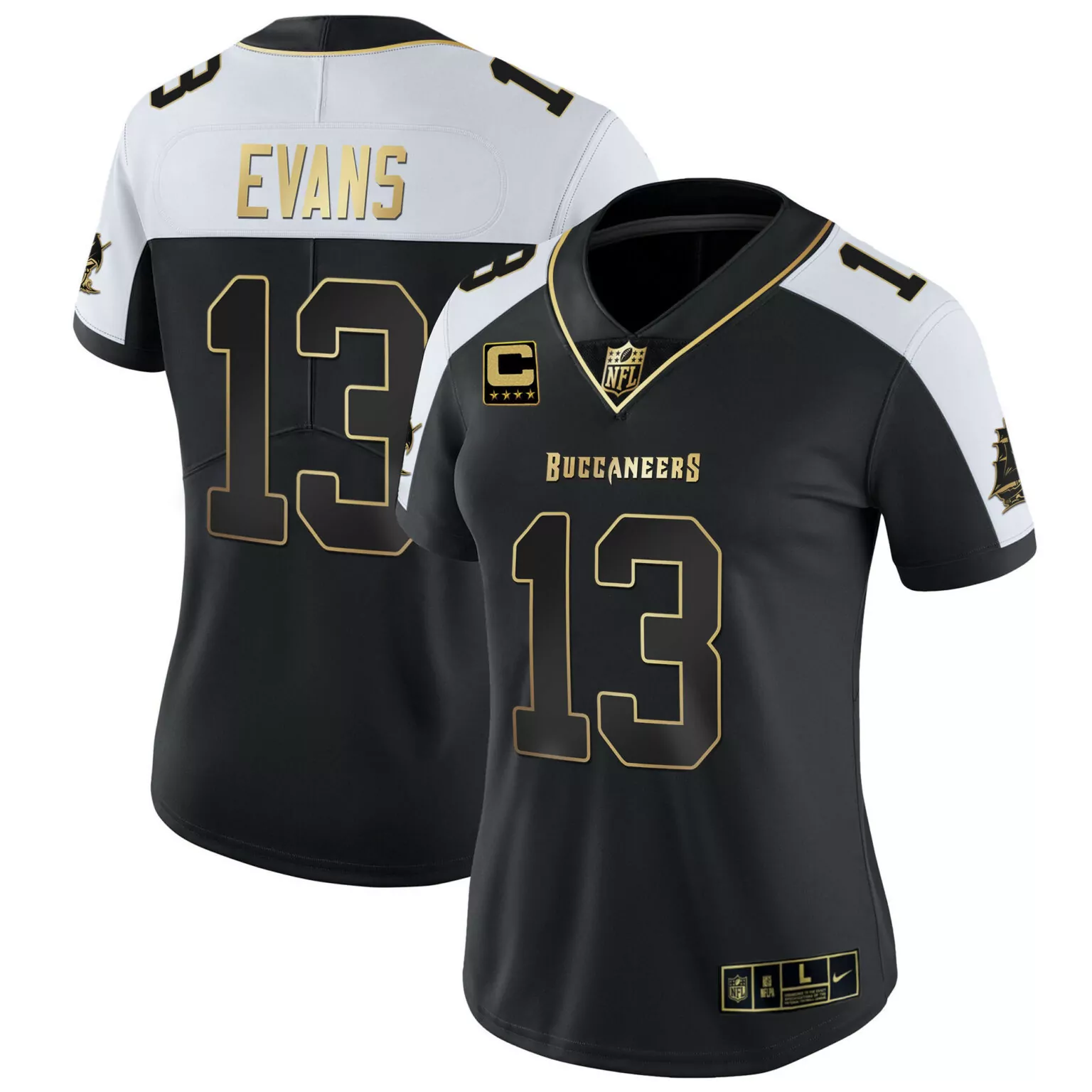 Mike Evans 13 Buccaneers Jersey Black Women NFL Alternate White Gold Vapor All Stitched