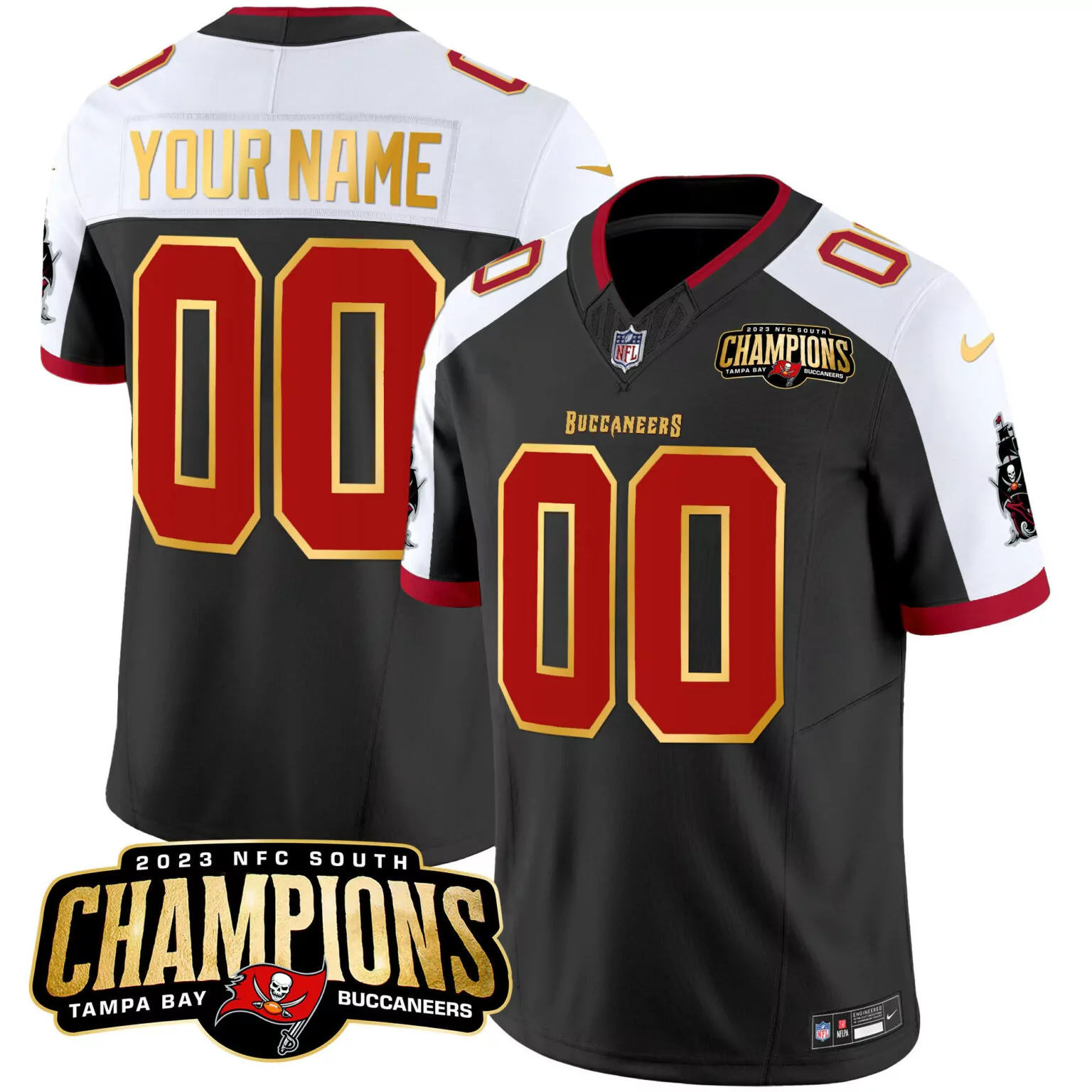 Custom Tampa Bay Buccaneers Jersey Black NFC South Champions 2023 Men Red White Gold