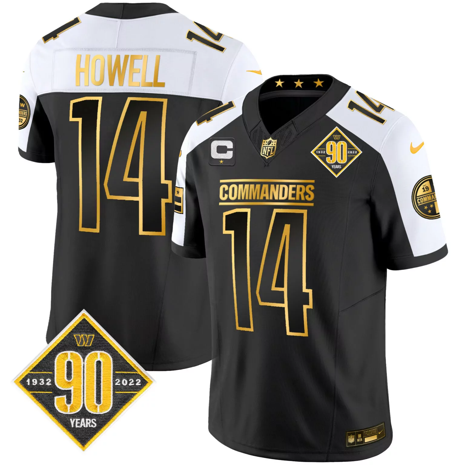Sam Howell 14 Commanders Jersey Black 90th Anniversary 1932-2022 Men White Gold Alternate