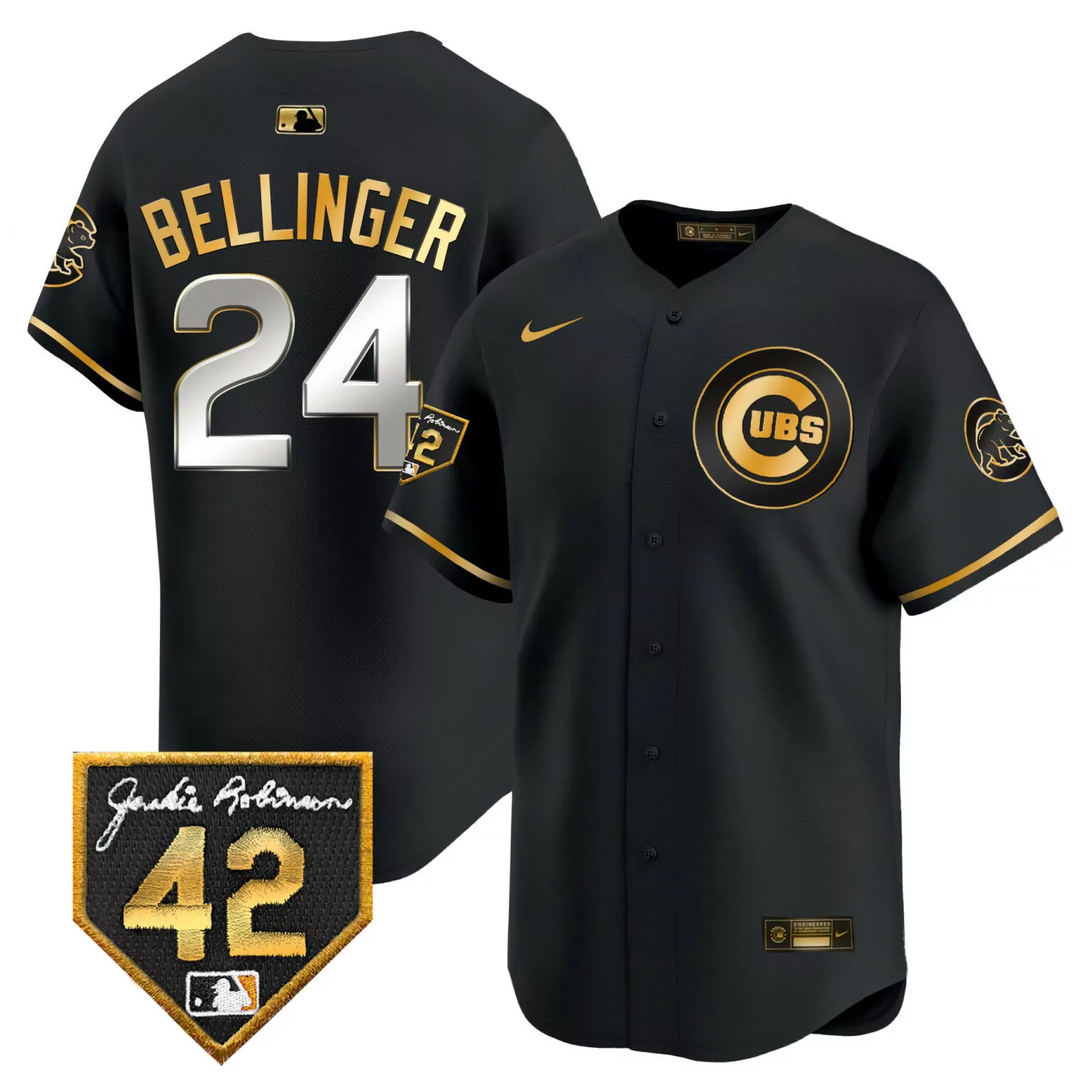 Cody Bellinger 24 Cubs Jersey Black Jackie Robinson 42 Men Gold v2 All Stitched