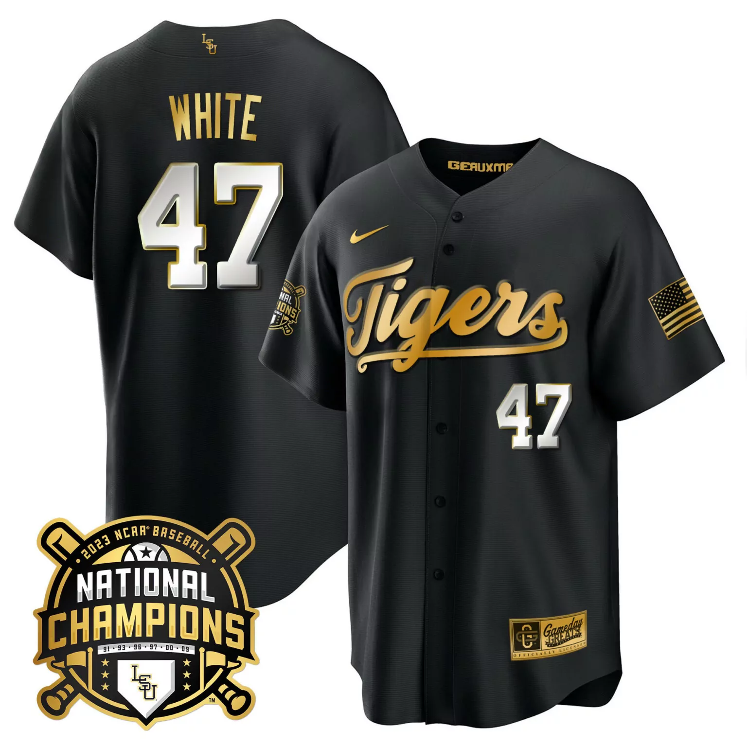 Eli White 47 Lsu Tigers Jersey Black 2023 Baseball National Champions Men Gold Cool