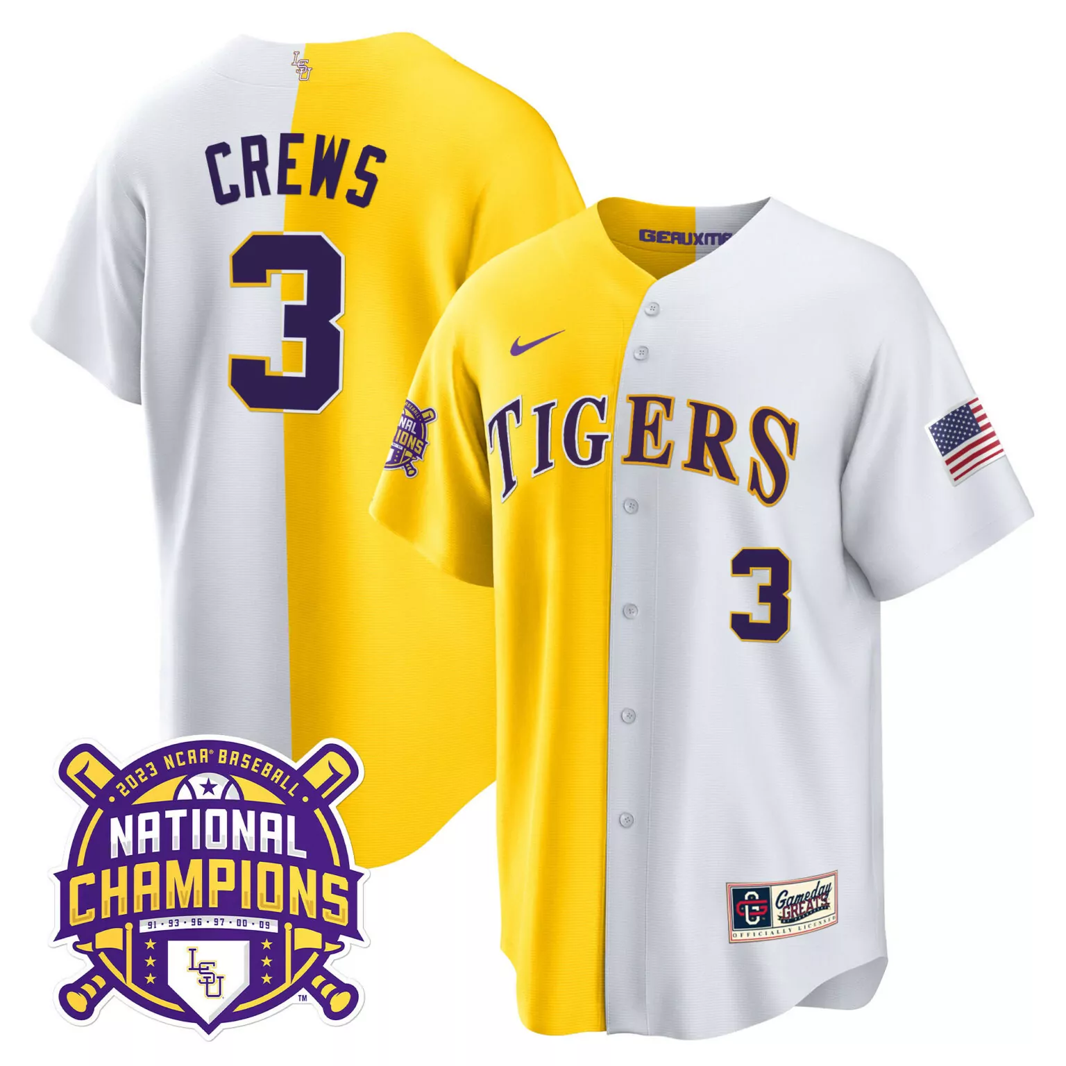Dylan Crews 3 Tigers Jersey Purple 2023 Baseball National Champions Men Split Design