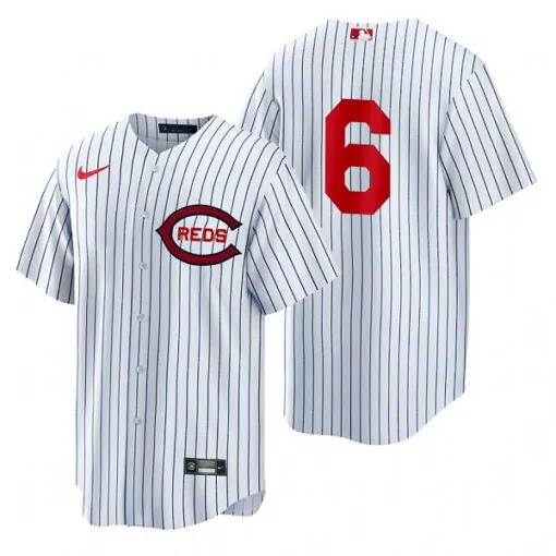 Custom Cincinnati Reds 6 Jersey White Men Red Navy Stitched