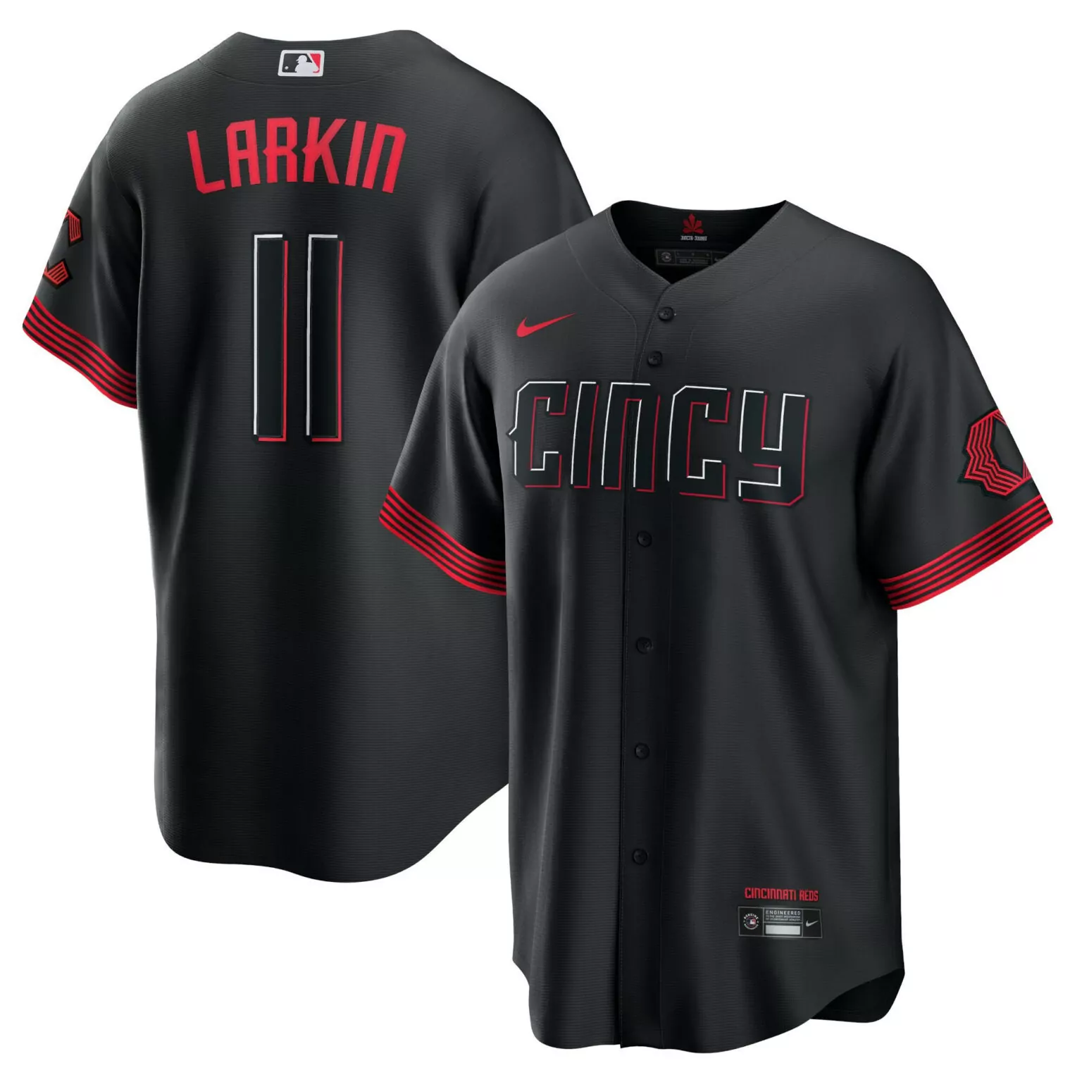 Barry Larkin 11 Cincinnati Reds Jersey Black Men Red White Cool All Stitched