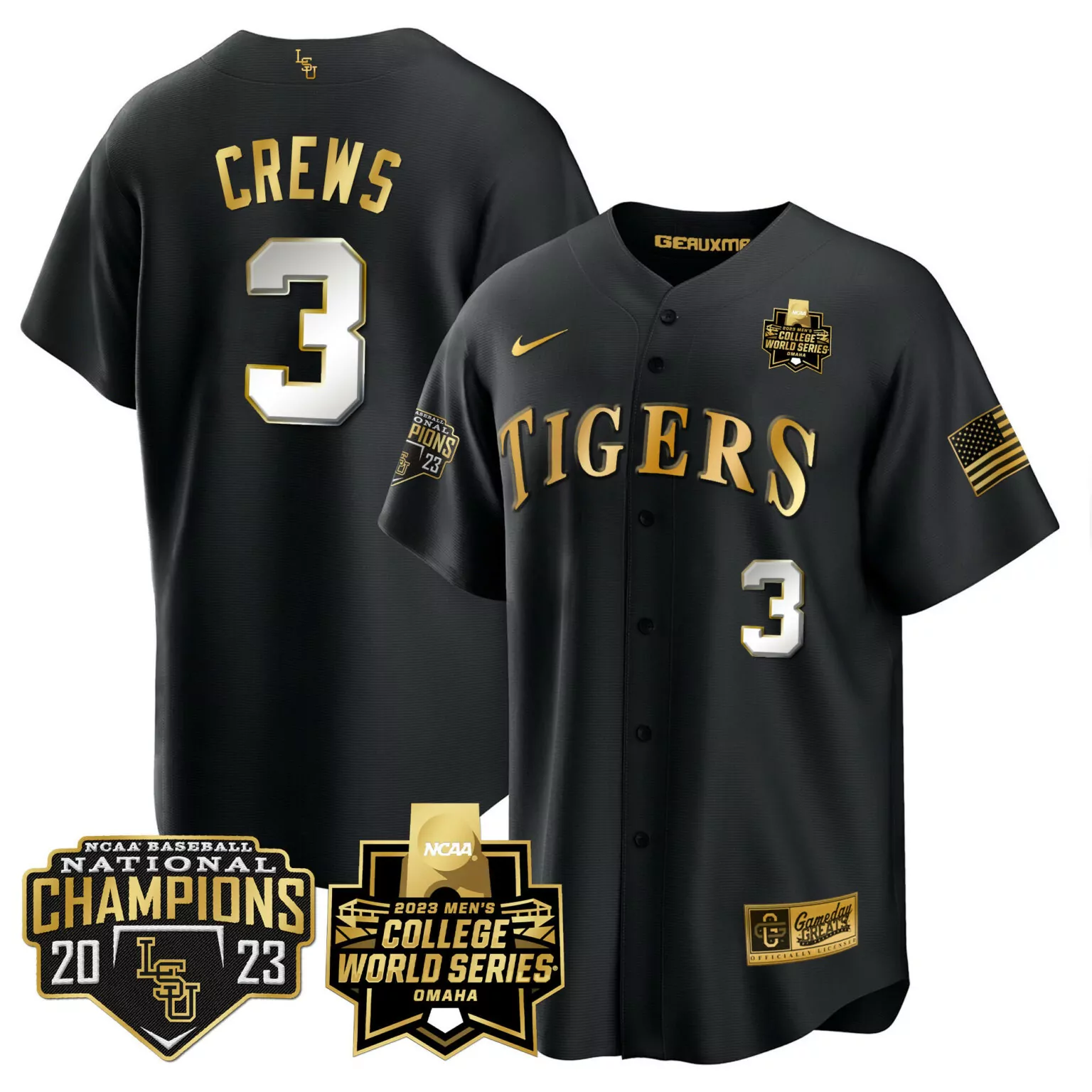 Dylan Crews 3 Tigers Jersey Black 2023 College World Series Baseball National Champions