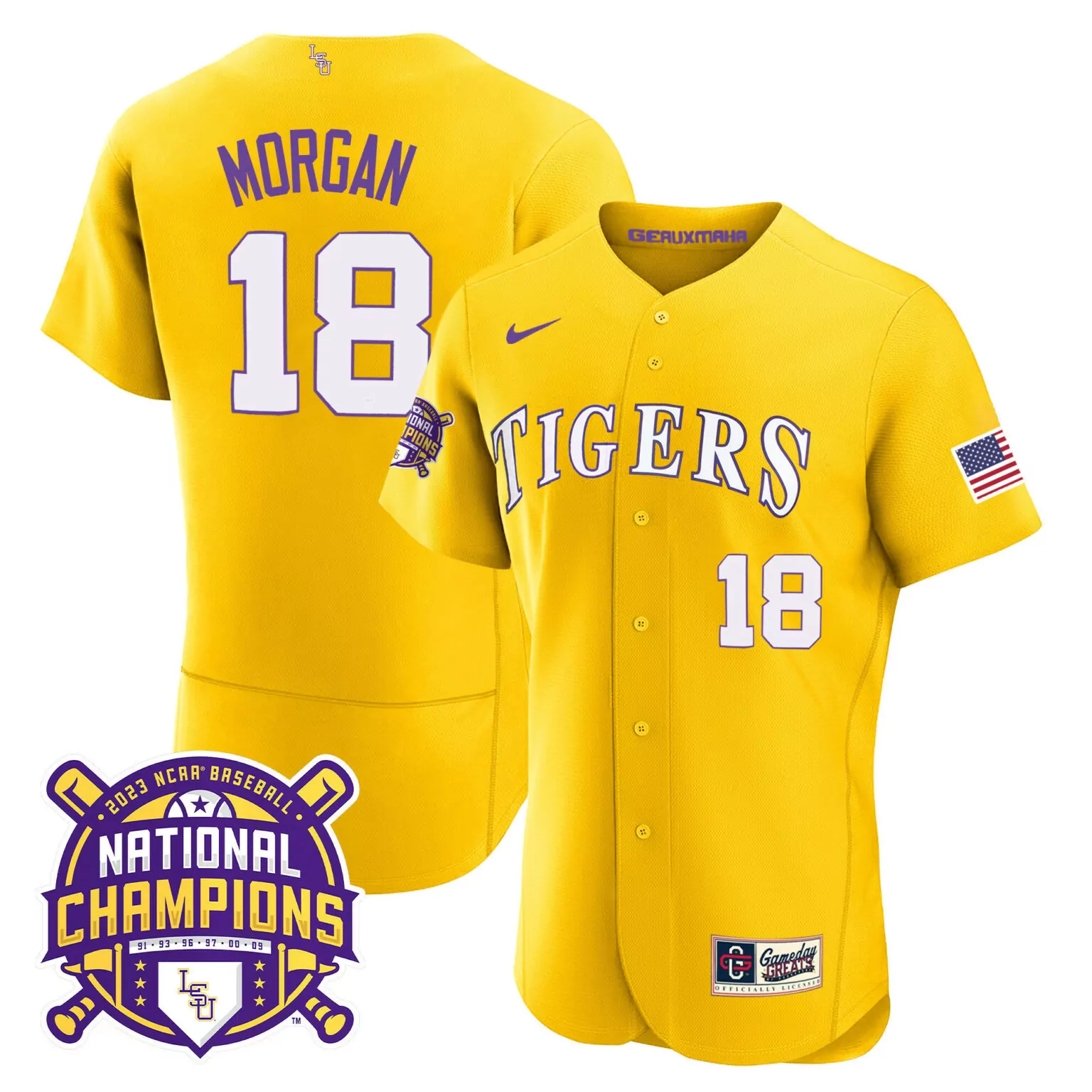 Tre Morgan 18 Lsu Tigers Jersey Yellow 2023 National Champions Baseball American Flag