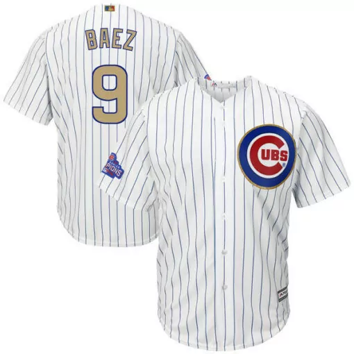 Javier Baez 9 Cubs Jersey White Champions Men Pinstripe Blue Gold Cool Base Stitched