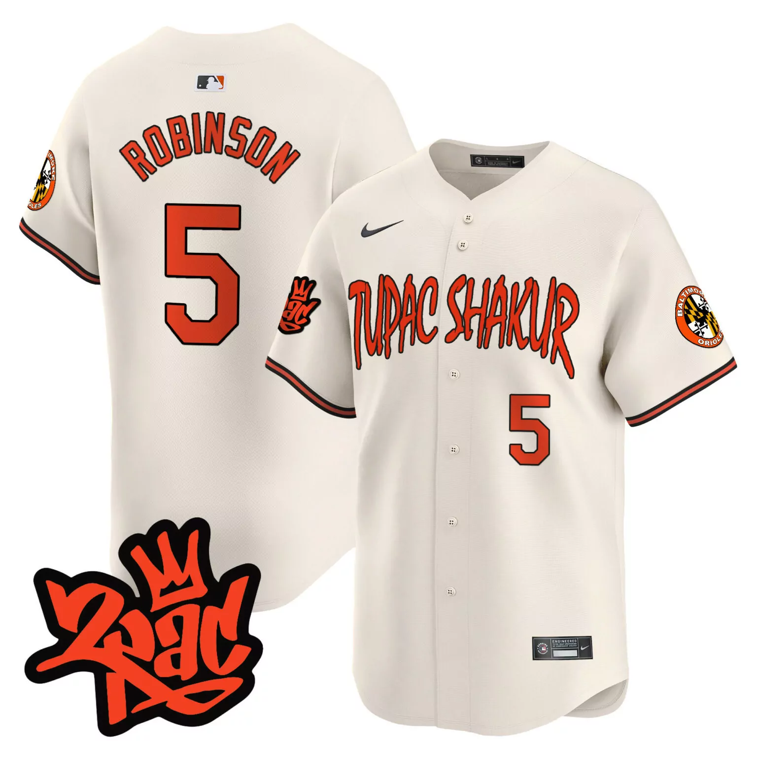 Brooks Robinson 5 Jersey Cream Baltimore Orioles Tupac Shakur Men Orange Black All