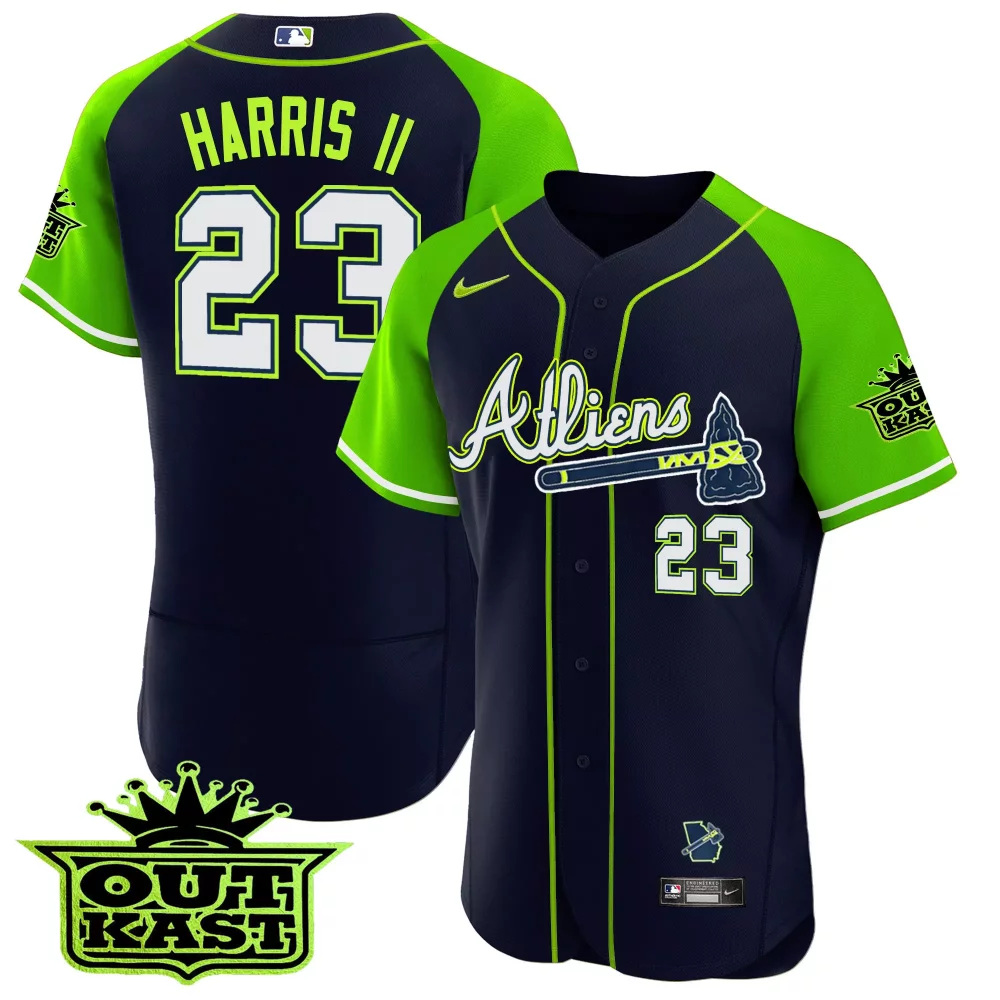 Harris Ii 23 Atlanta Braves Jersey Navy Blue Outkast Men Alternate Split Design Lime Green