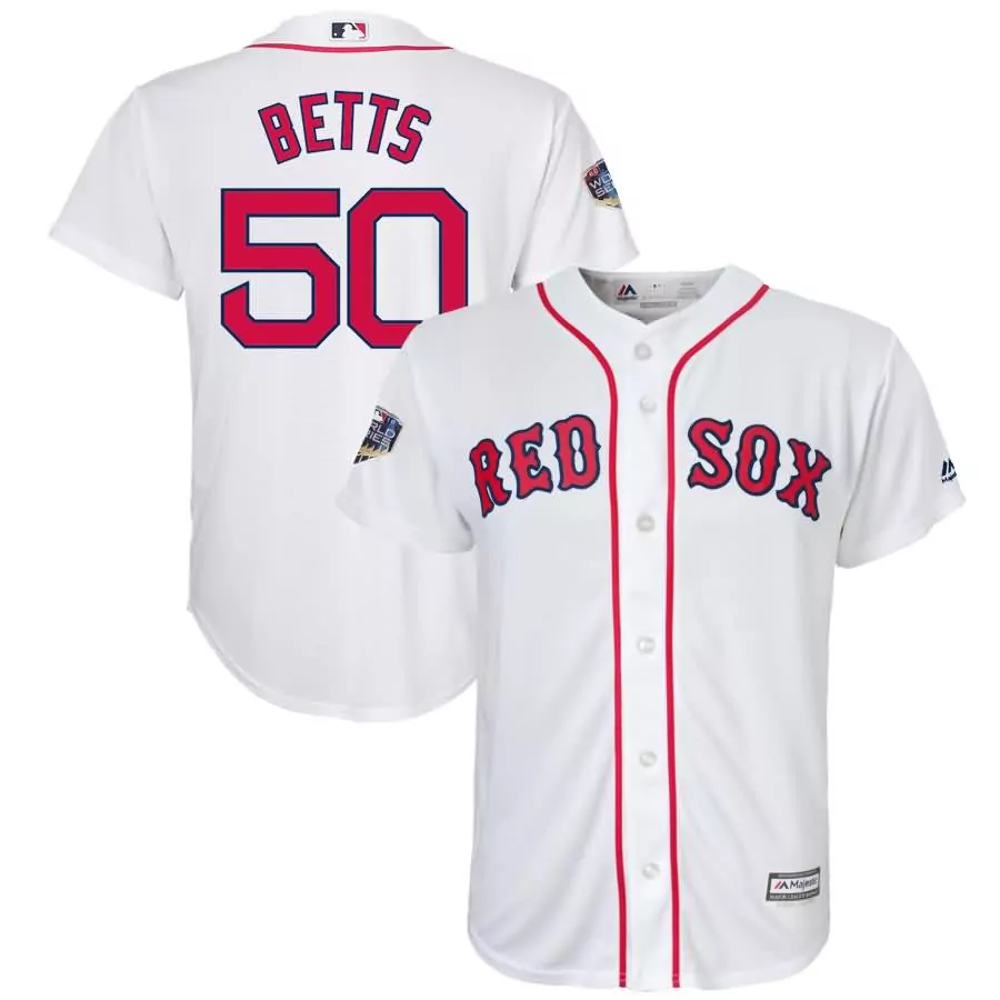 Mookie Betts 50 Red Sox Jersey White World Series Men Blue
