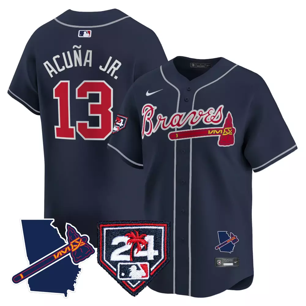 Acuña Jr. 13 Braves Jersey Navy Georgia State Outline Men Red White Vapor Premier