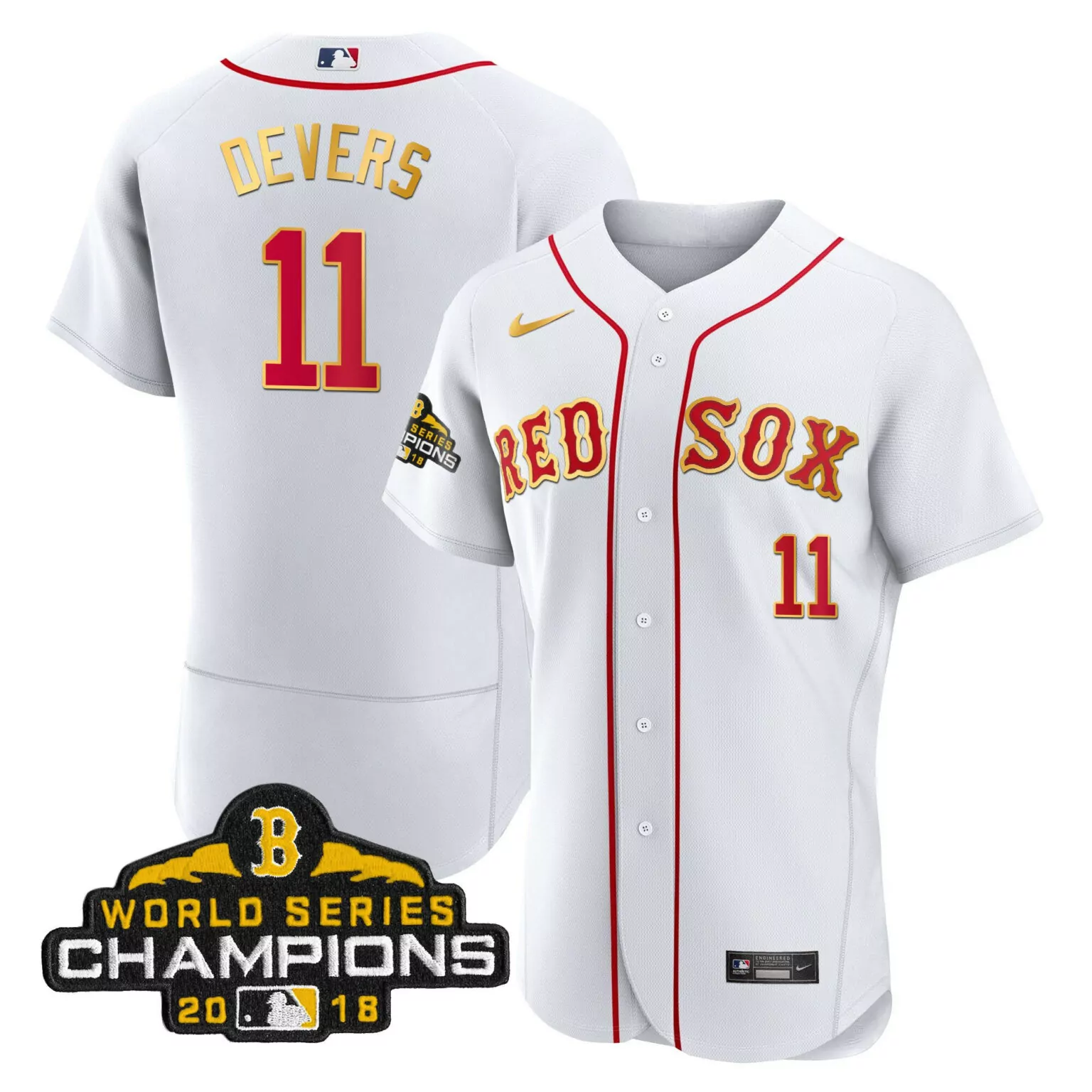 Rafael Devers 11 Red Sox Jersey White World Series Champions 2018 Men Gold Flex All