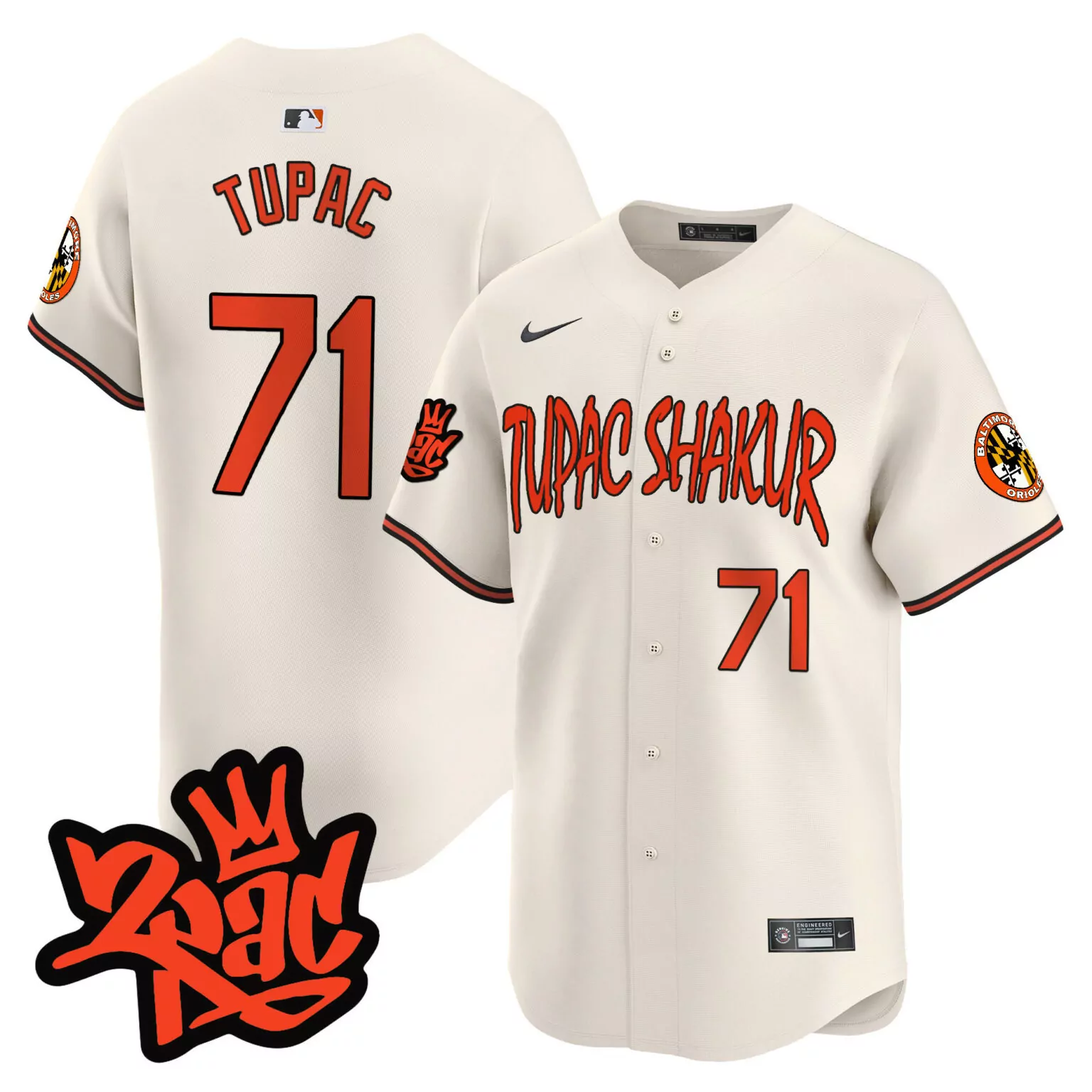 Tupac Shakur 71 Baltimore Orioles Jersey Cream Road Graffiti Men Orange Black All
