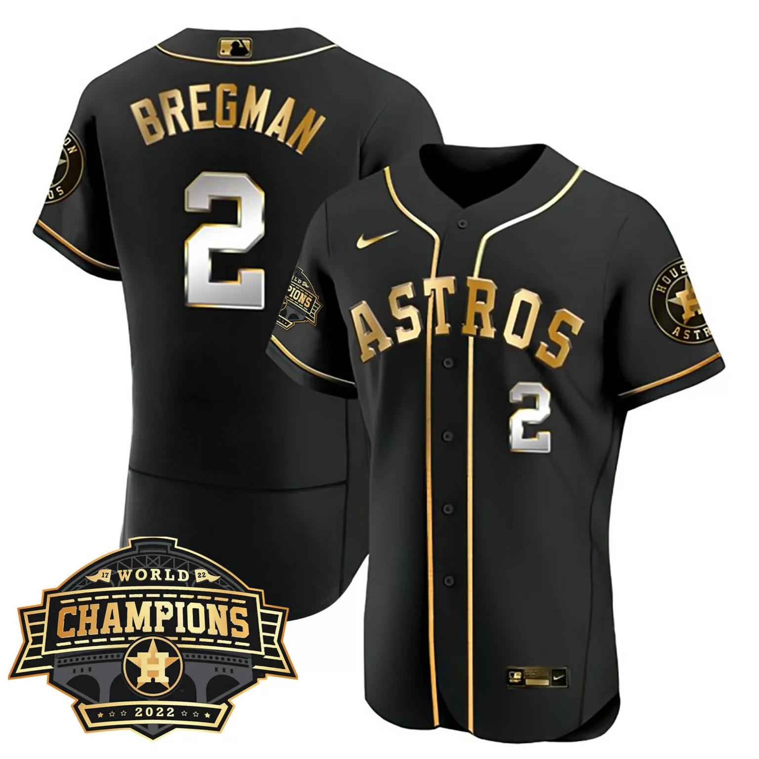 Alex Bregman 2 Astros Jersey Black World Series Champions 2022 Men Gold Flex All