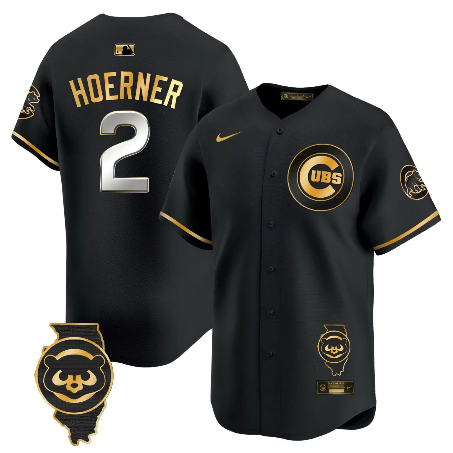 Nico Hoerner 2 Cubs Jersey Black City Connect Illinois State Shape Men Gold v2 All