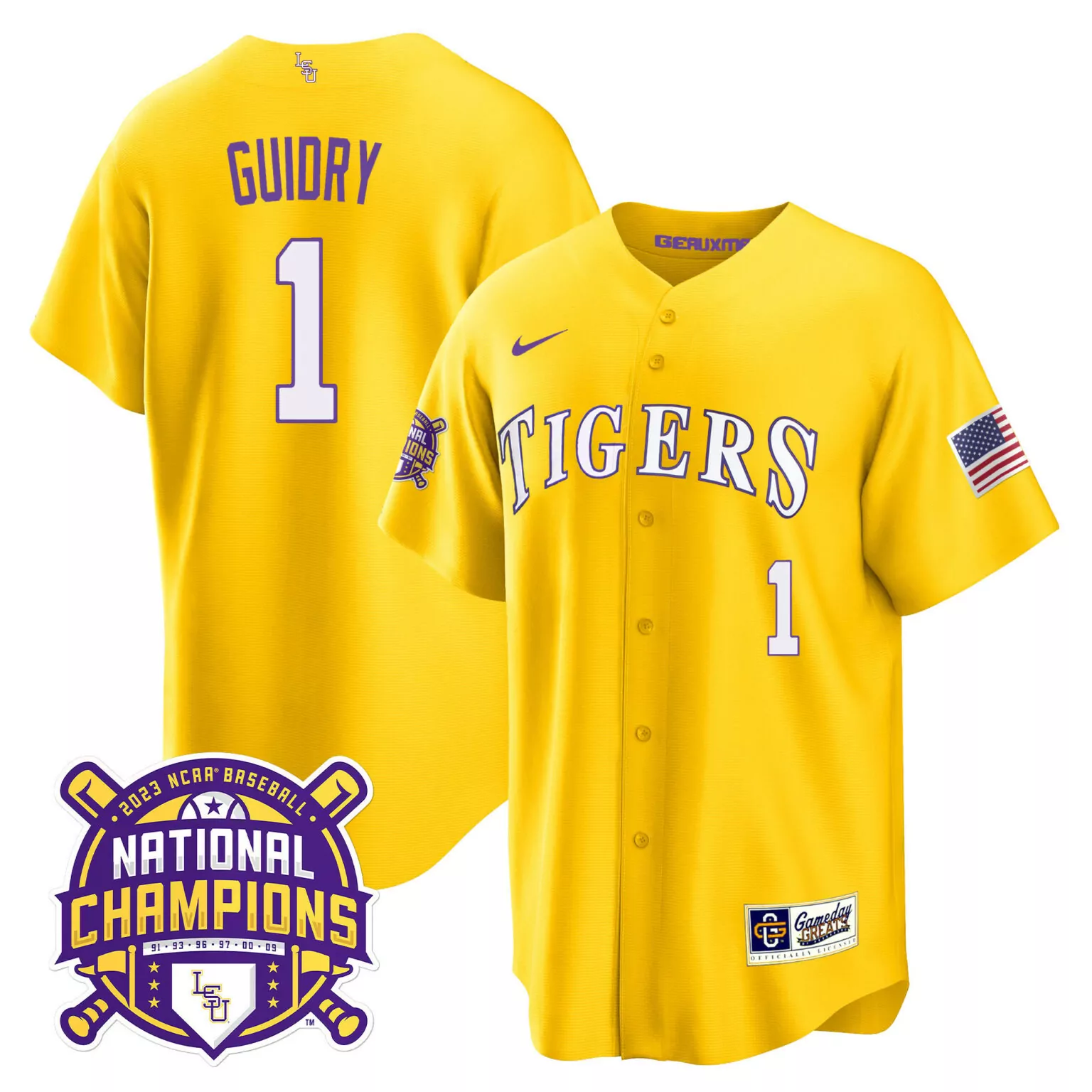 Weylin Guidry 1 Lsu Tigers Jersey Yellow 2023 Ncaa Baseball National Champions Men