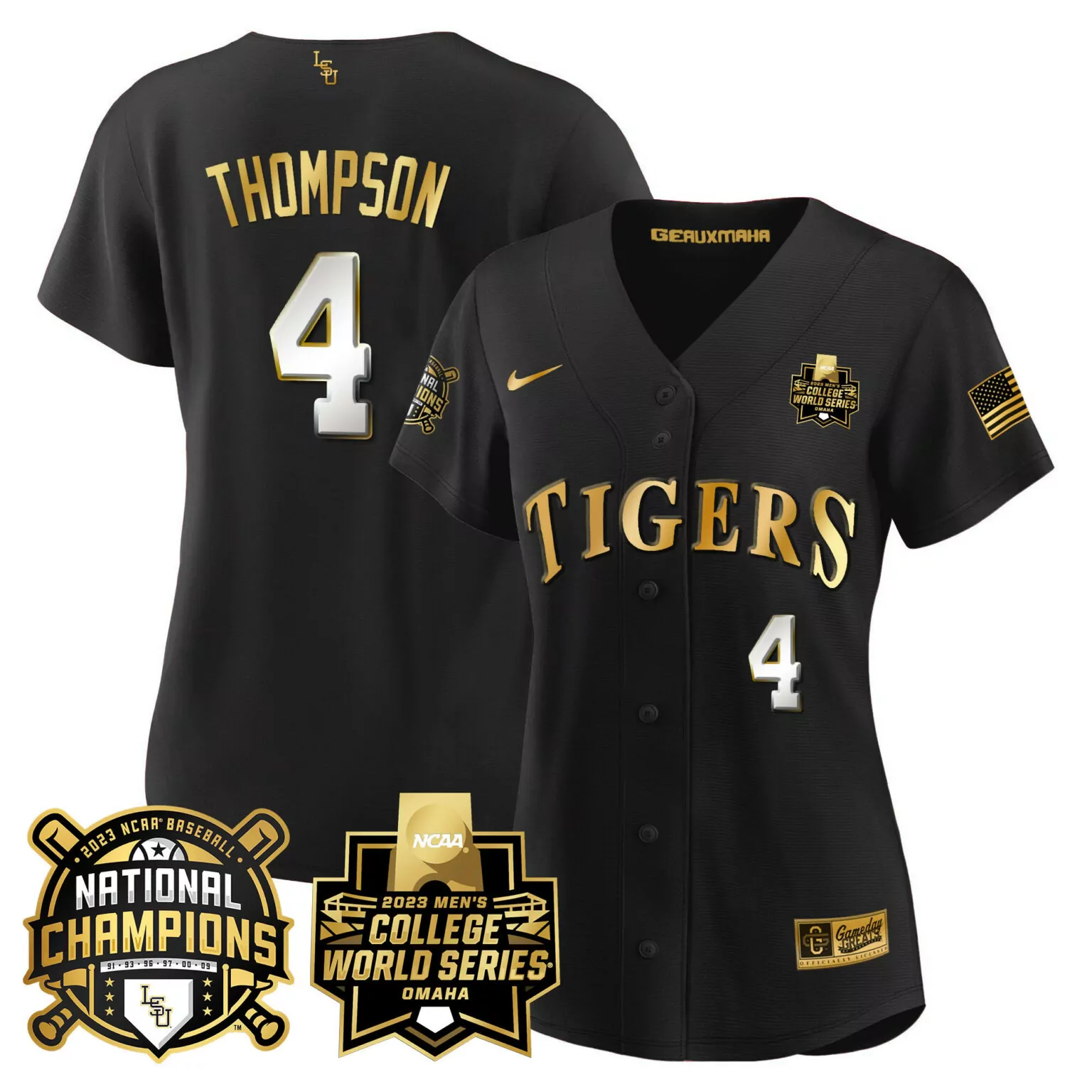 Thompson 4 Tigers Jersey Black National Champions 2023 Baseball USA Flag Men Gold