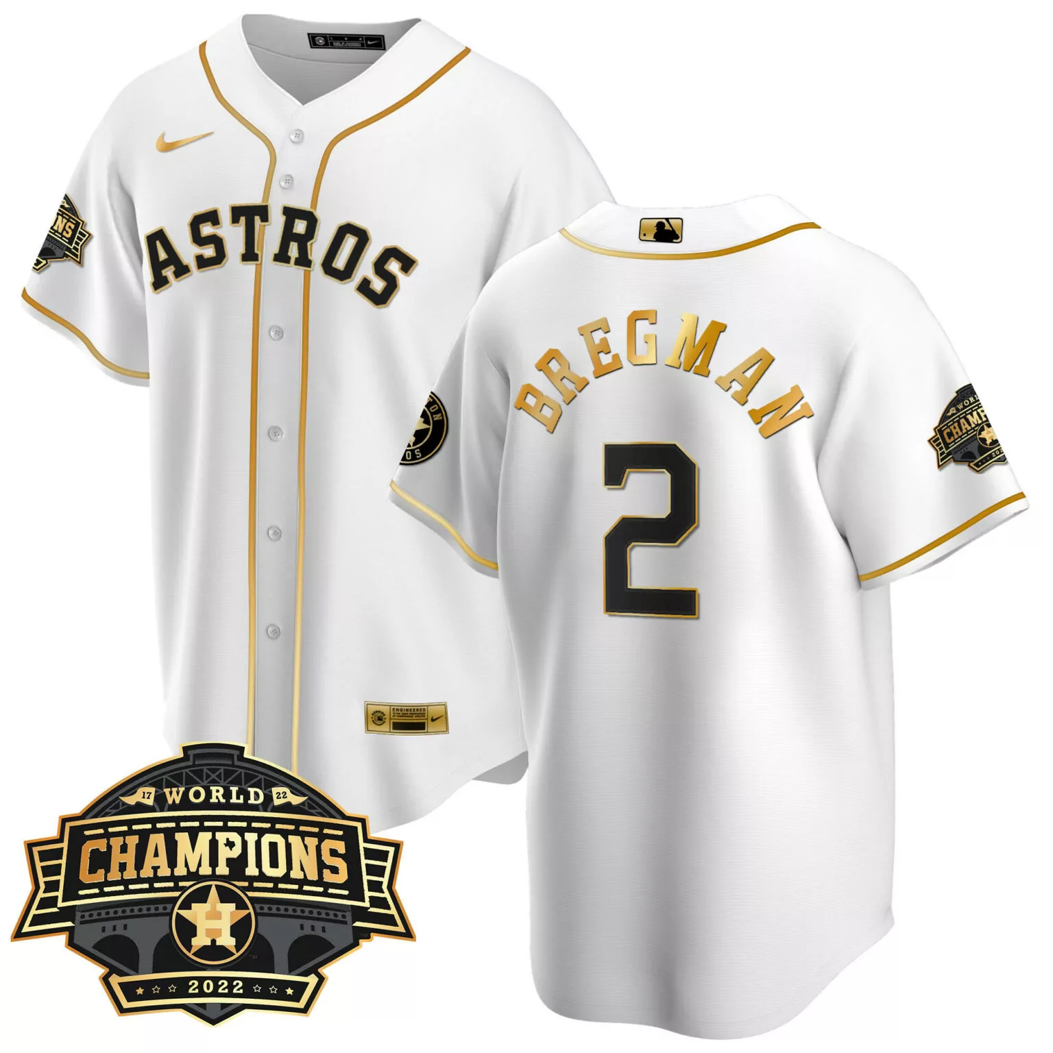 Alex Bregman 2 Astros Jersey White World Series Champions 2022 Men Gold Black Cool