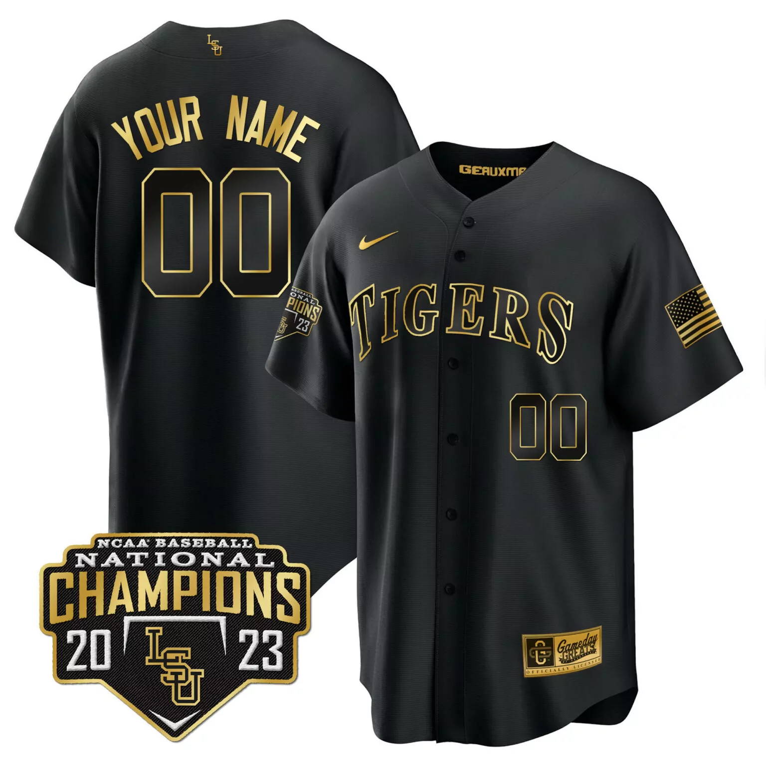 Custom Tigers Jersey Black National Champions Baseball 2023 American Flag Men Gold