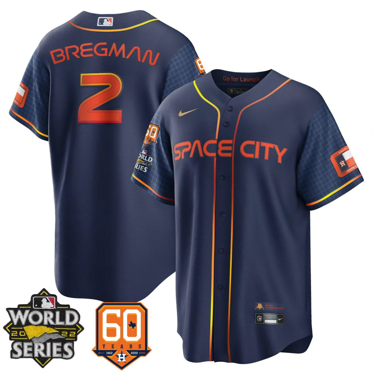 Alex Bregman 2 Astros Jersey Navy Space City World Series 2022 Men Alternate Orange