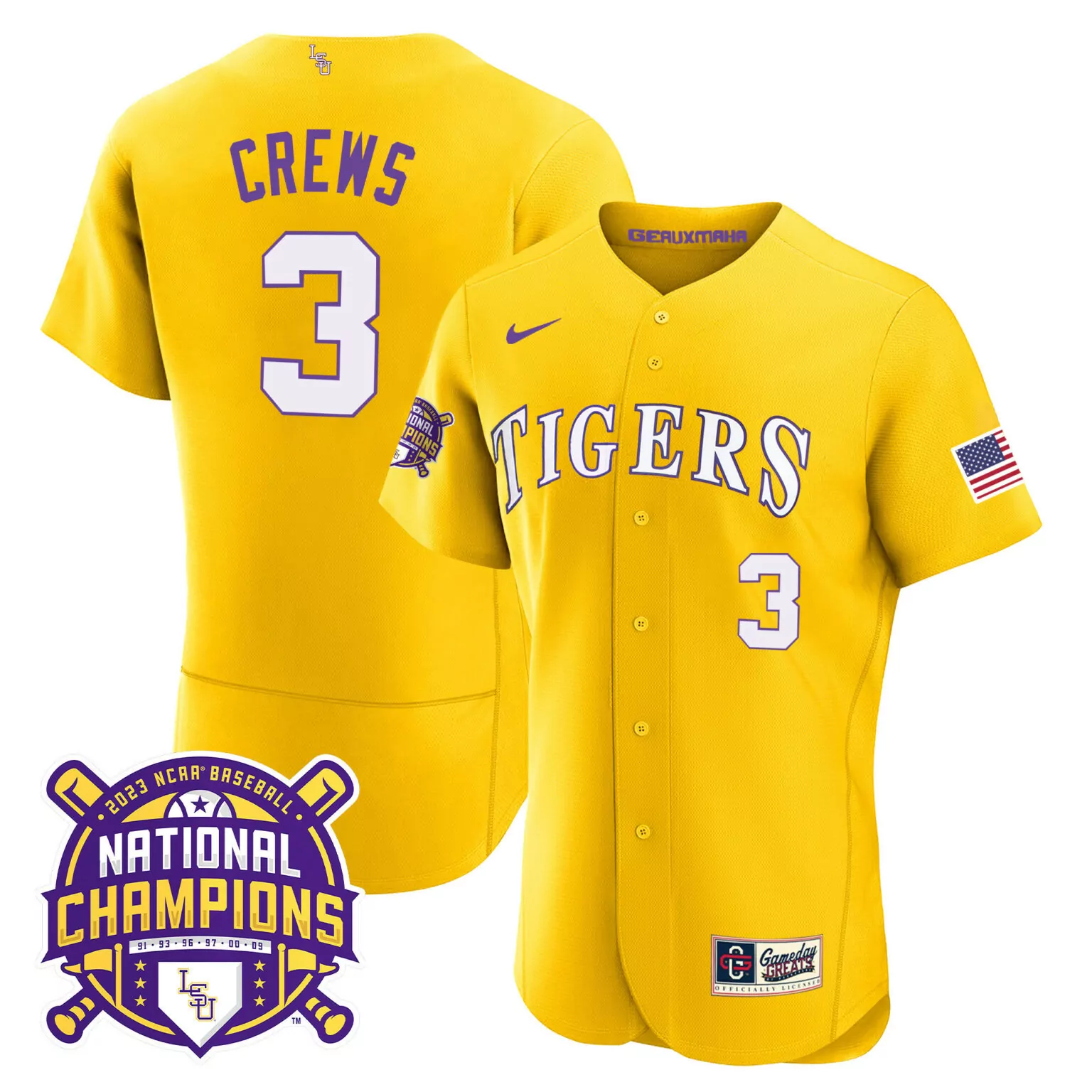 Dylan Crews 3 Lsu Tigers Jersey Yellow 2023 Baseball National Champions Men Purple