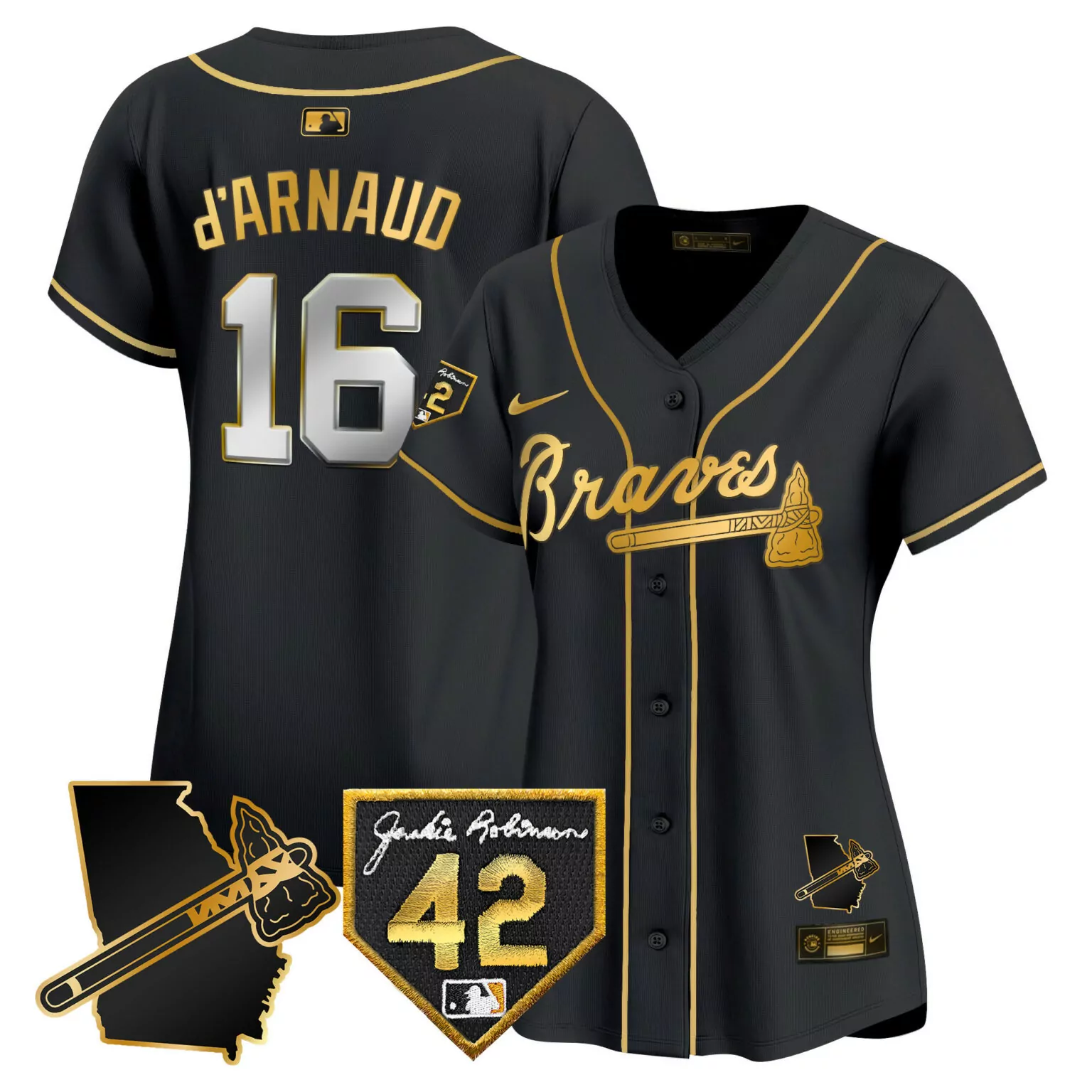 Travis Darnaud 16 Atlanta Braves Jersey Black Jackie Robinson Day 42 Georgia Outline Tomahawk