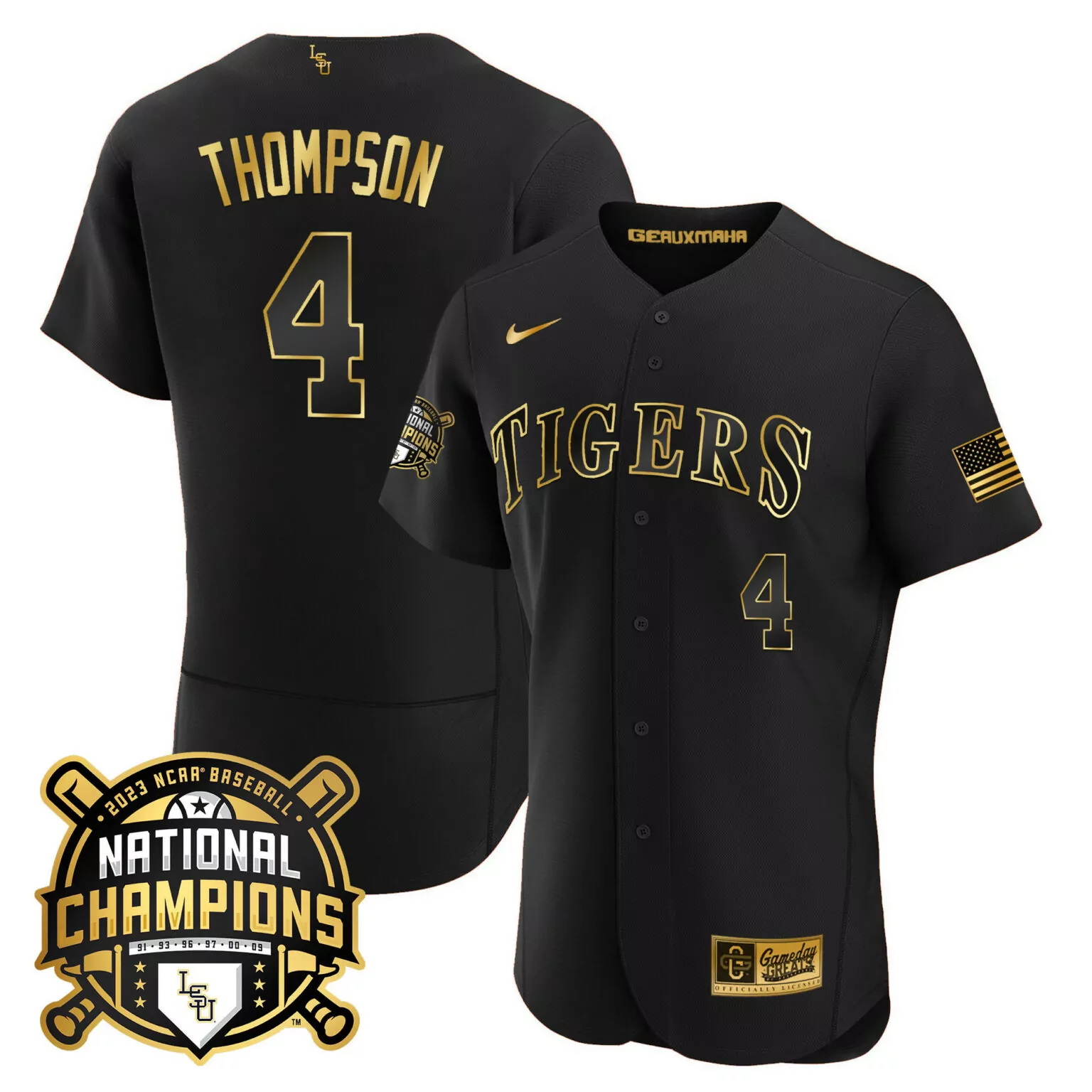Thompson 4 Tigers Jersey Black National Championship USA Flag Lsu Men Gold Flex All