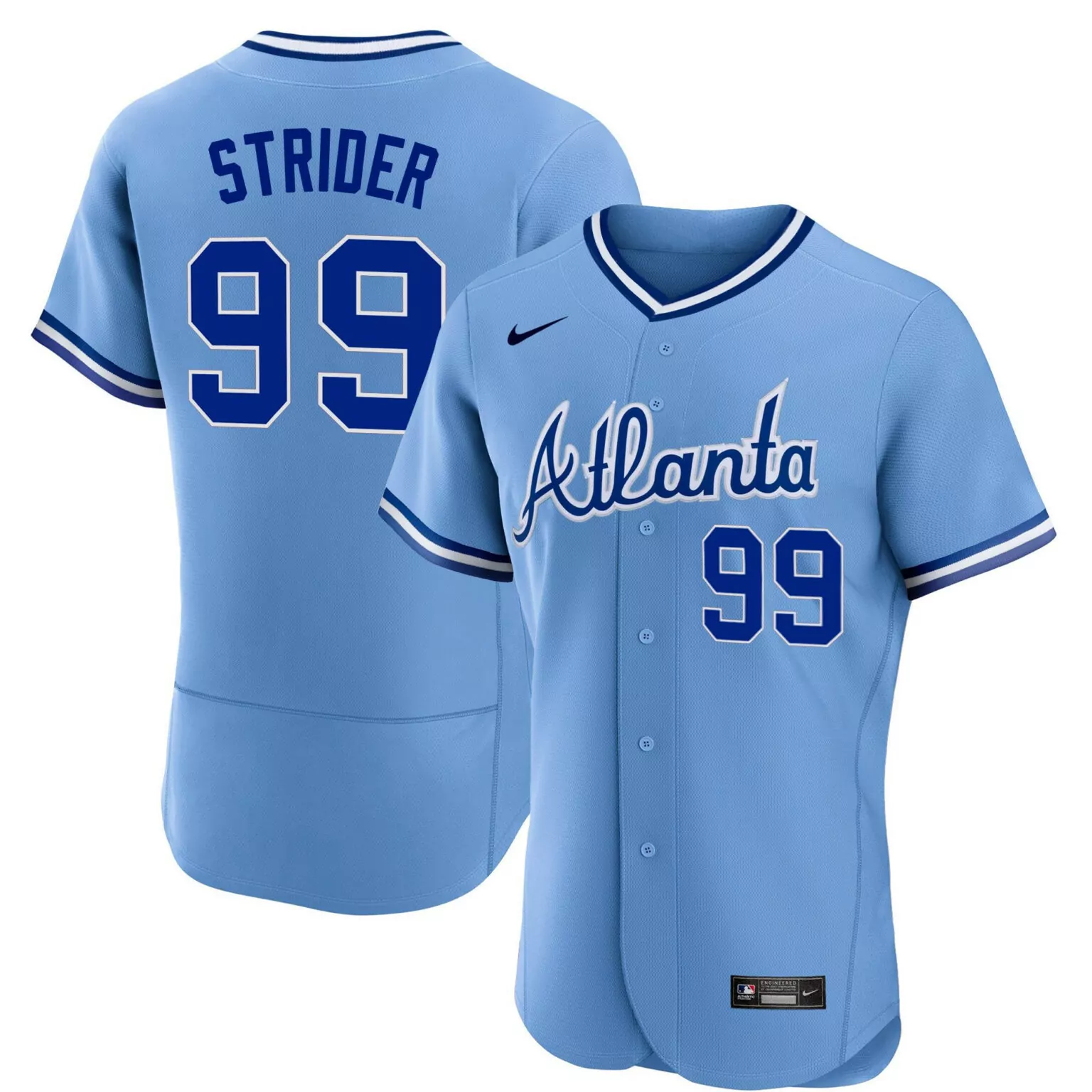 Spencer Strider 99 Atlanta Jersey Light Blue White Throwback All Stitched
