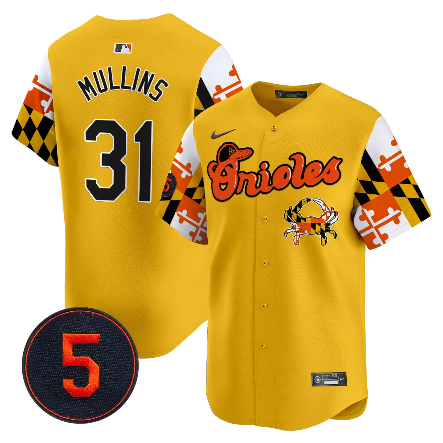Cedric Mullins 31 Orioles Jersey Yellow City Connect Maryland Flag Crab Men Split