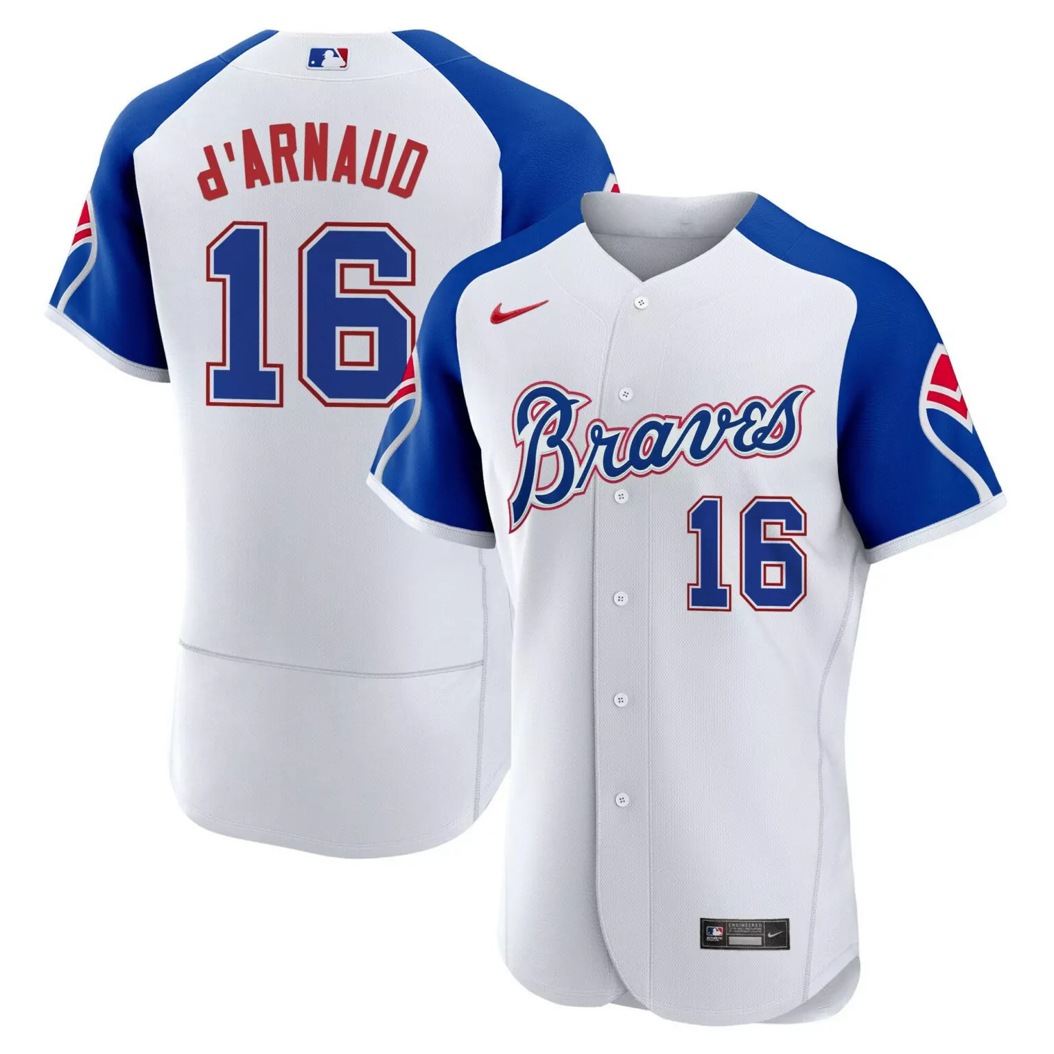 Travis Darnaud 16 Braves Jersey White Men Blue Red Throwback All Stitched