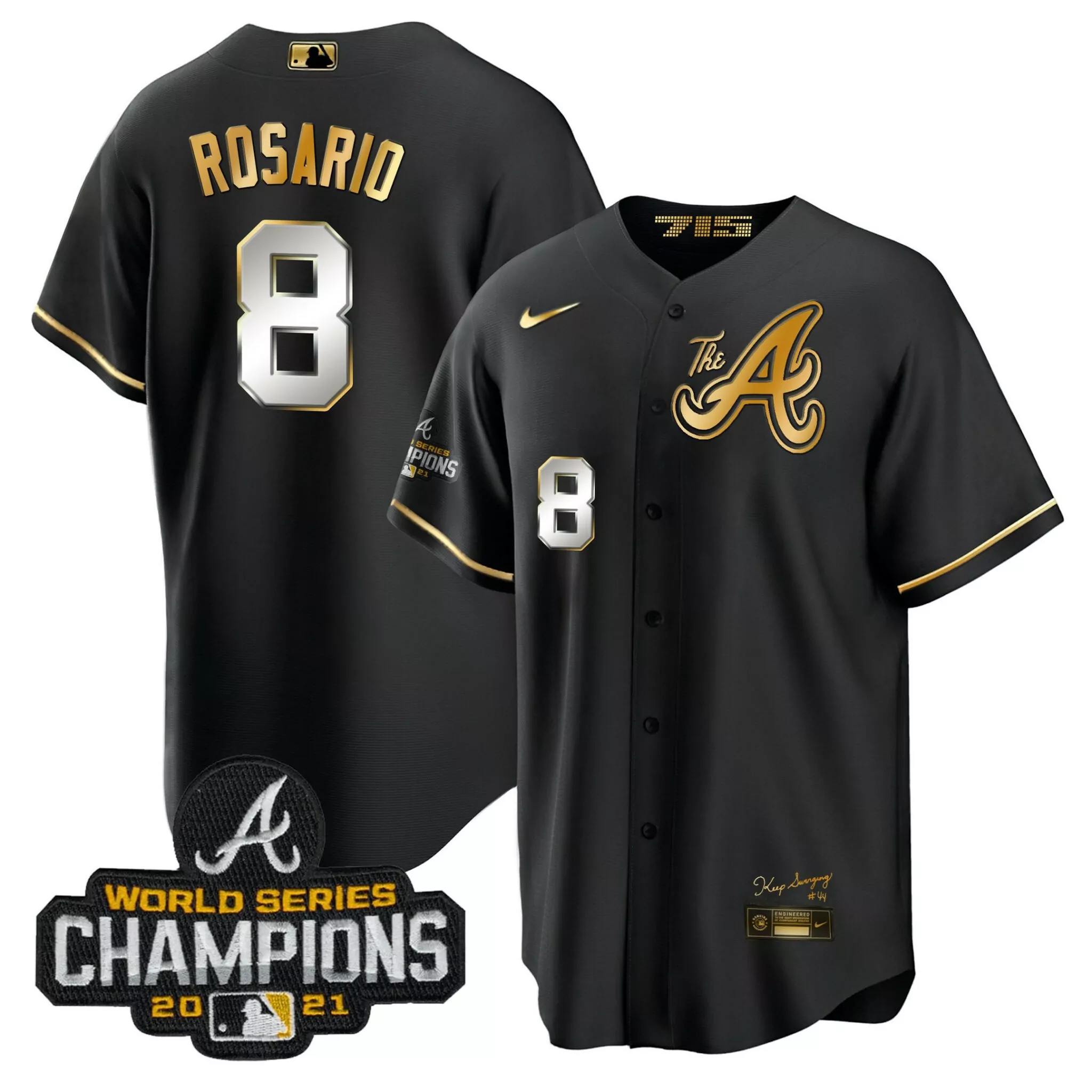 Eddie Rosario 8 Atlanta Braves Jersey Black World Series Champions 2021 Men Gold
